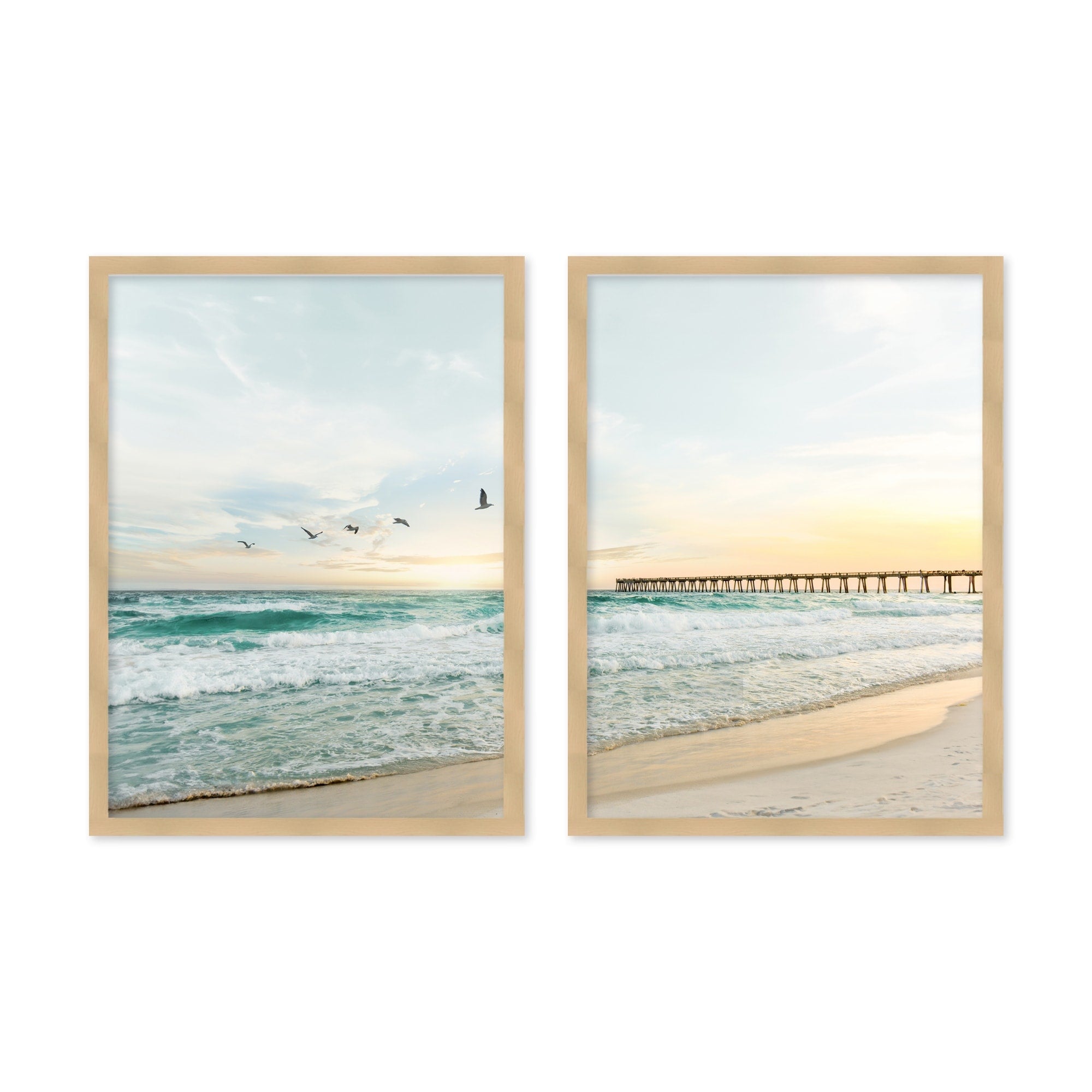 Set of 2 Framed Textured Bird Wall Art Prints - Coastal Jetty Themed Home Decor for Living Room, Bedroom & Office