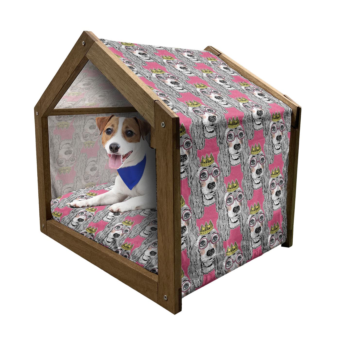 Ambesonne Wooden Dog House for Small Dogs - Portable Indoor & Outdoor Pet Kennel with Pillow & Cover, Pink Multicolor Doodle Puppy Pattern - Perfect for Home, Garden, Patio or Travel Use
