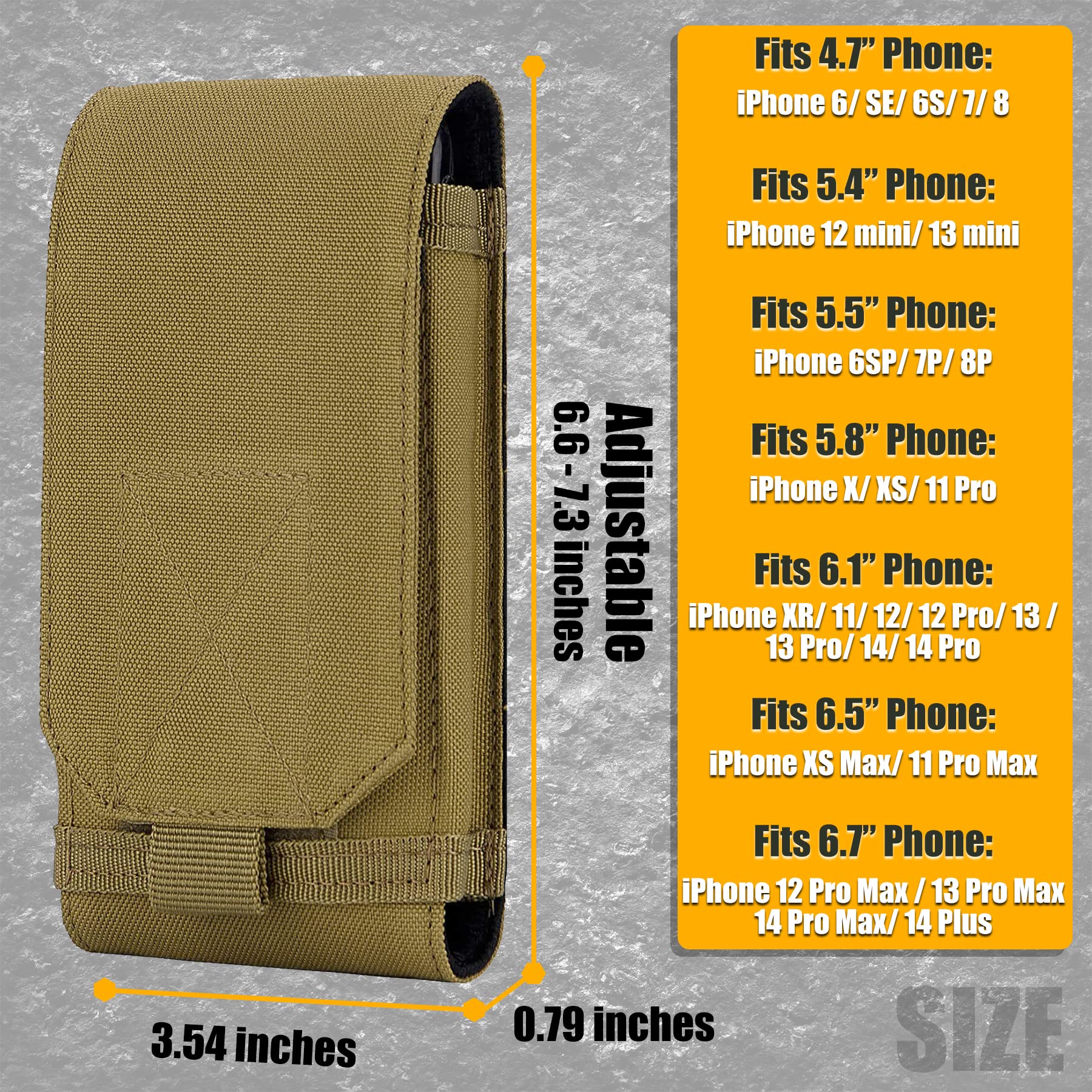 Tactical MOLLE Phone Pouch for iPhone 15 Pro Max/15 Pro/14 Plus/14 Pro/13/12/11 - Heavy Duty Belt Holster Case with Hook & Loop Patch Panel - Perfect for Outdoor Adventures, Hiking & Military Use (Khaki)