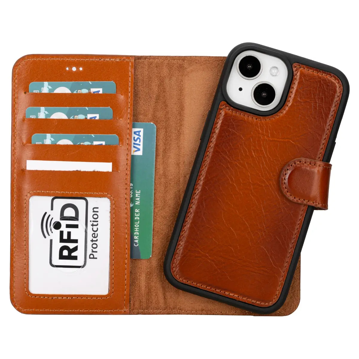 Premium Burnished Tan Leather Wallet Case for iPhone 15 - Slim RFID Blocking Phone Cover with Card Slots | Perfect for Everyday Use, Travel & Business Meetings