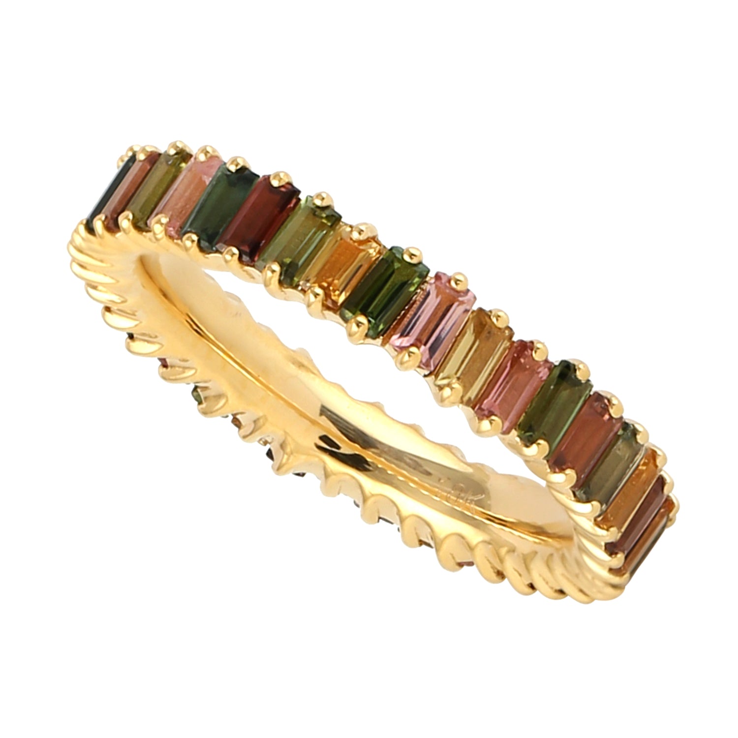 18K Yellow Gold Baguette Cut Multi Tourmaline Full Eternity Band Ring | Wedding, Anniversary & Special Occasion Jewelry Gift