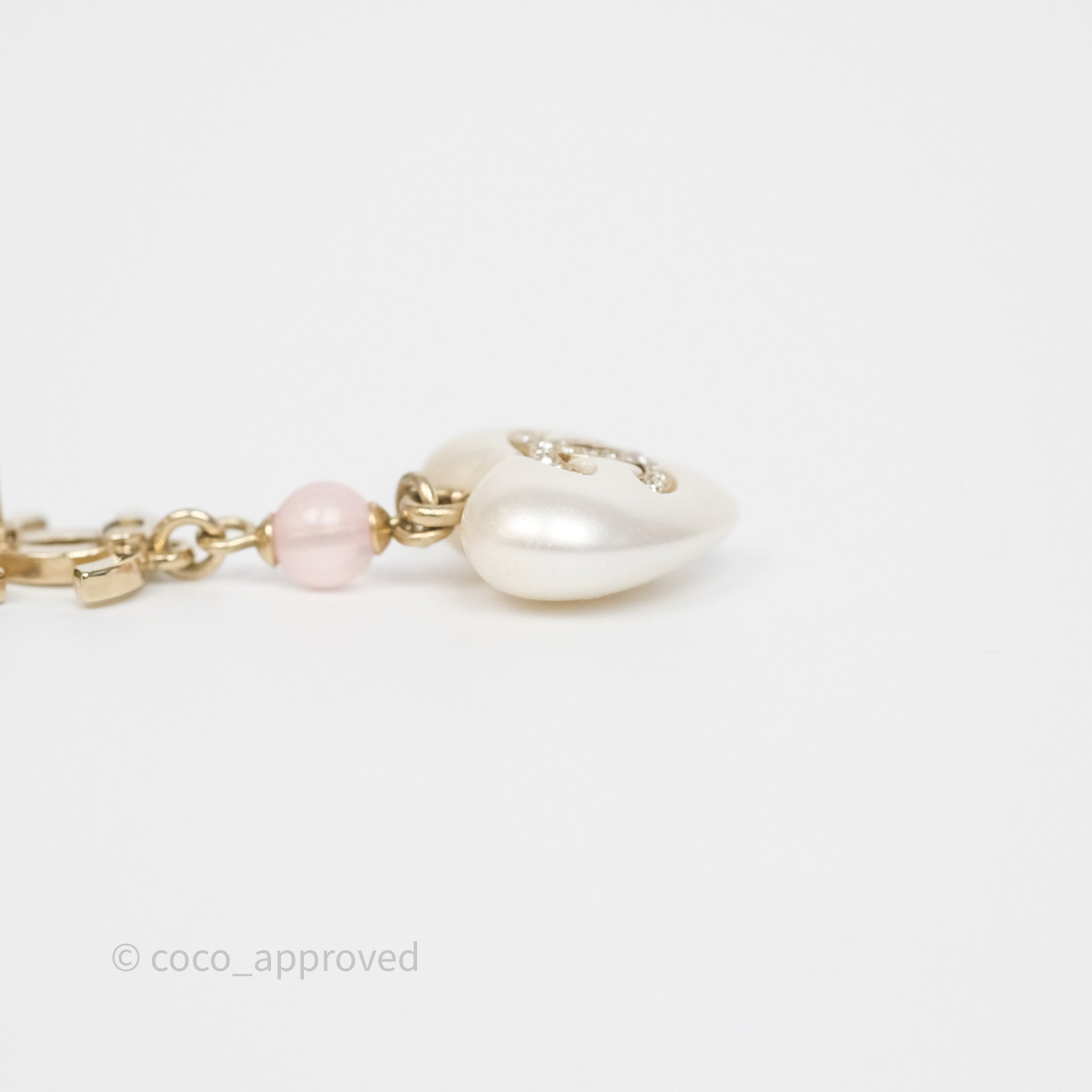 Chanel CC Pink Bead Heart Pearl Crystal Drop Earrings in Gold Tone - Elegant Luxury Jewelry for Women, Perfect for Parties, Weddings & Special Occasions
