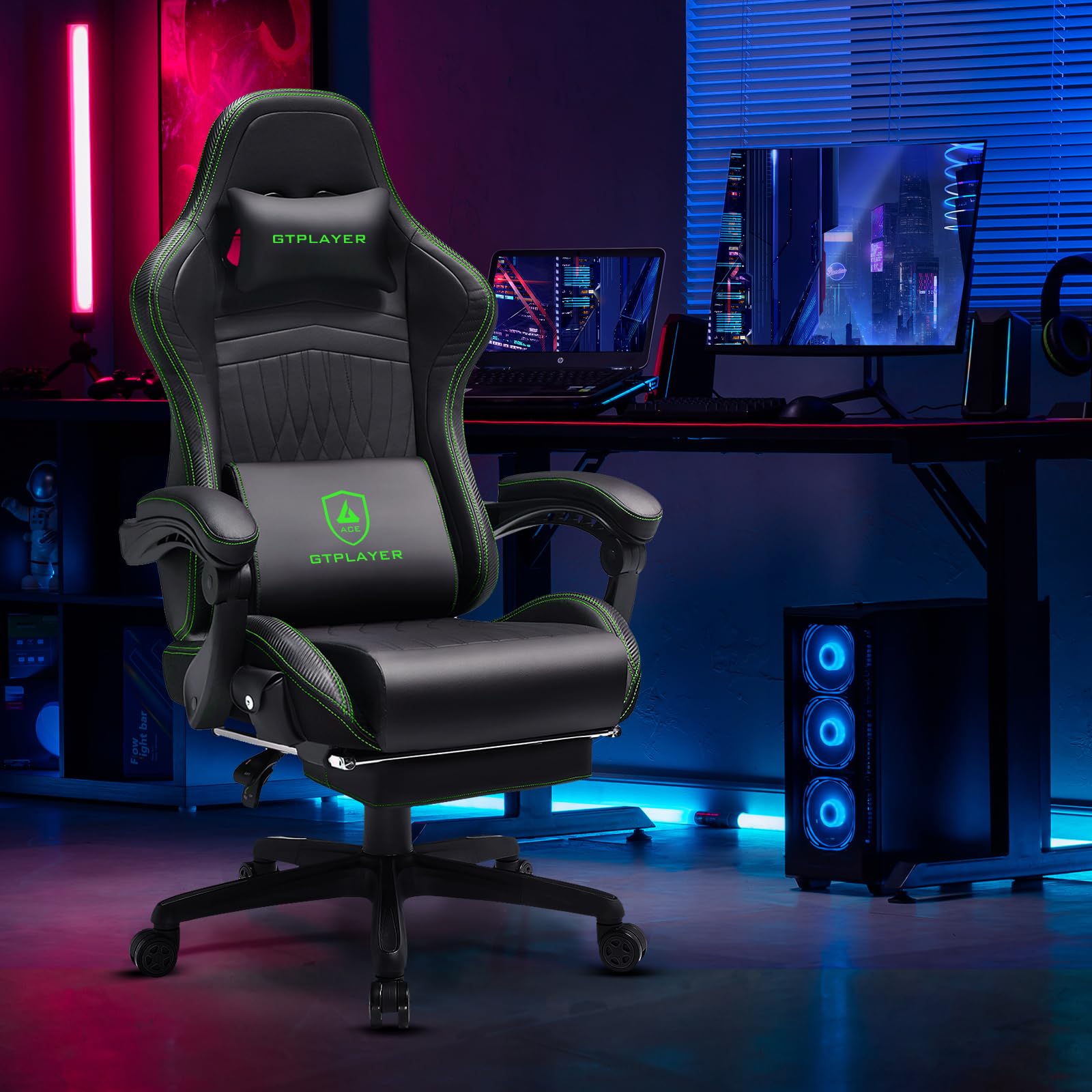 GTPLAYER Ergonomic Gaming Chair - High Back Racing Style Computer Desk Chair with Adjustable Lumbar Support (PU Leather, Green) - Perfect for PC Gaming, Office Work & Home Study