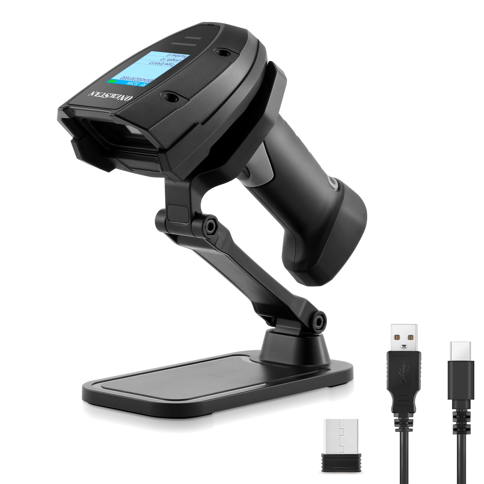 Onewscan Wireless Barcode Scanner - 1D Laser Barcode Reader with Stand, 2.4G Wireless & USB Wired Connection (Plug and Play) - Ideal for Retail Stores, Warehouses, and Inventory Management