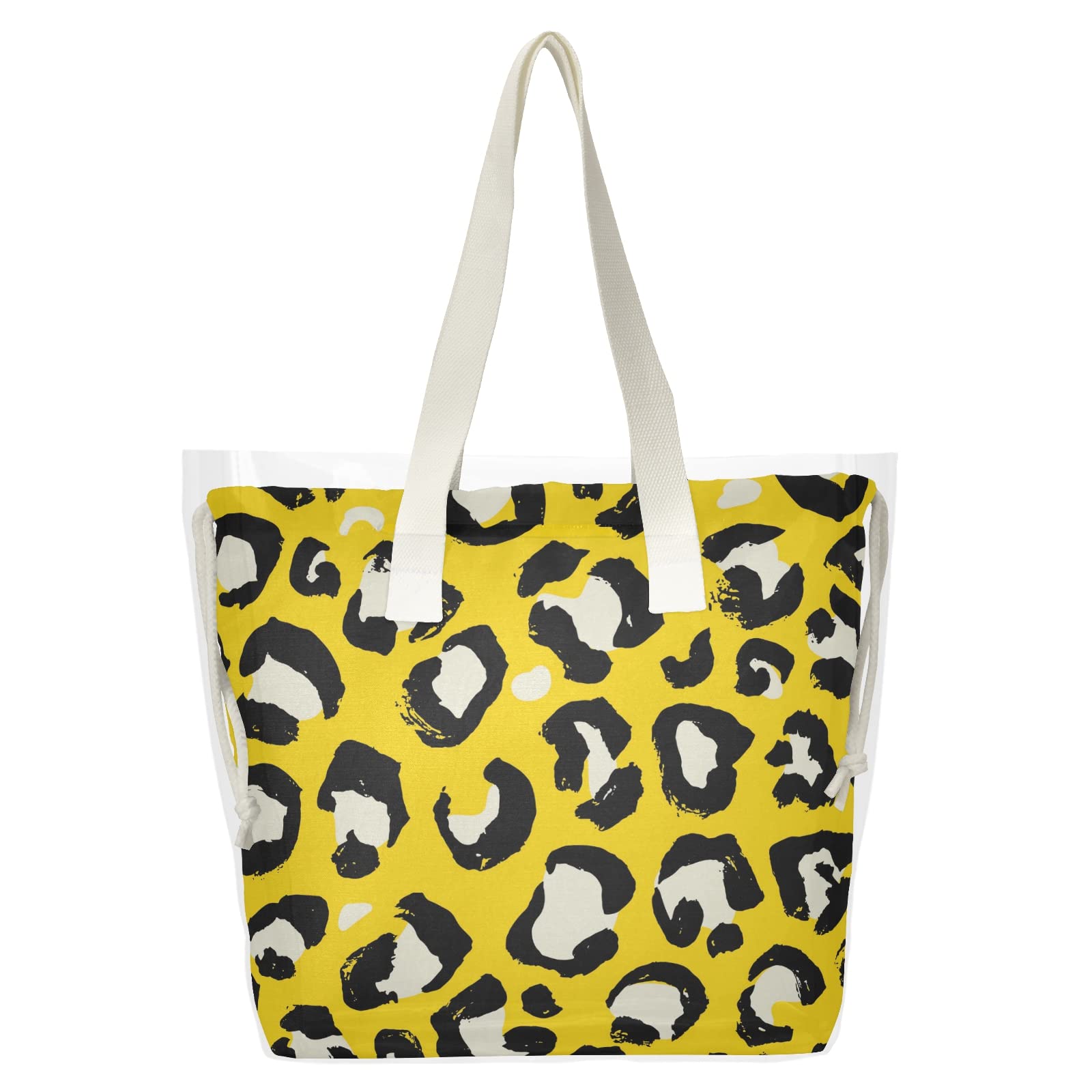 Leopard Print Yellow Women's Clear Tote Bag Set - 2 Piece Shoulder Handbag & Beach Bag for Shopping, Work, Travel & Gym | Waterproof Lightweight Fashion Accessories