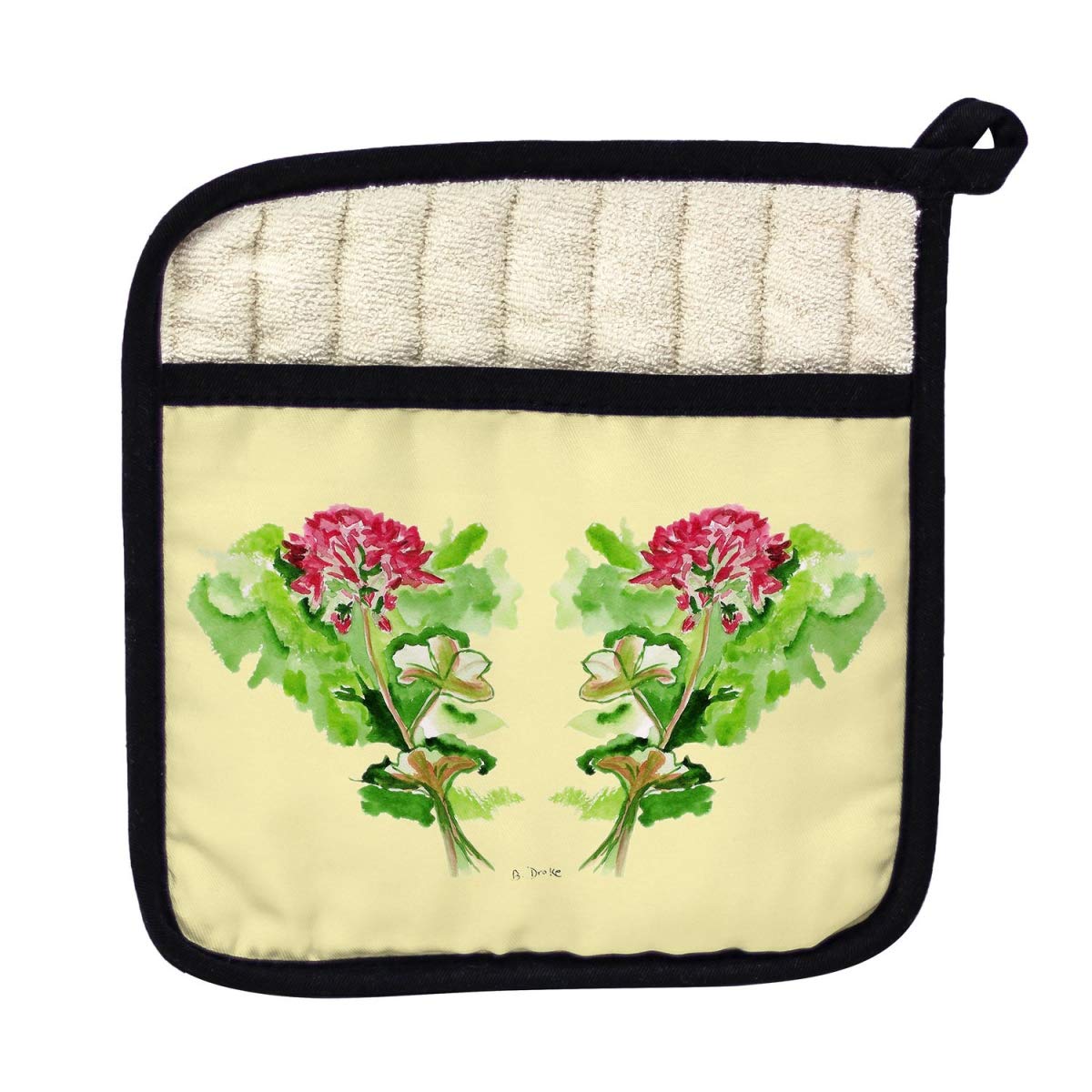 Betsy Drake PT199A Vintage Geraniums Design Yellow Pot Holder - Perfect for Kitchen Decor, Hot Dish Protection & Gift Giving