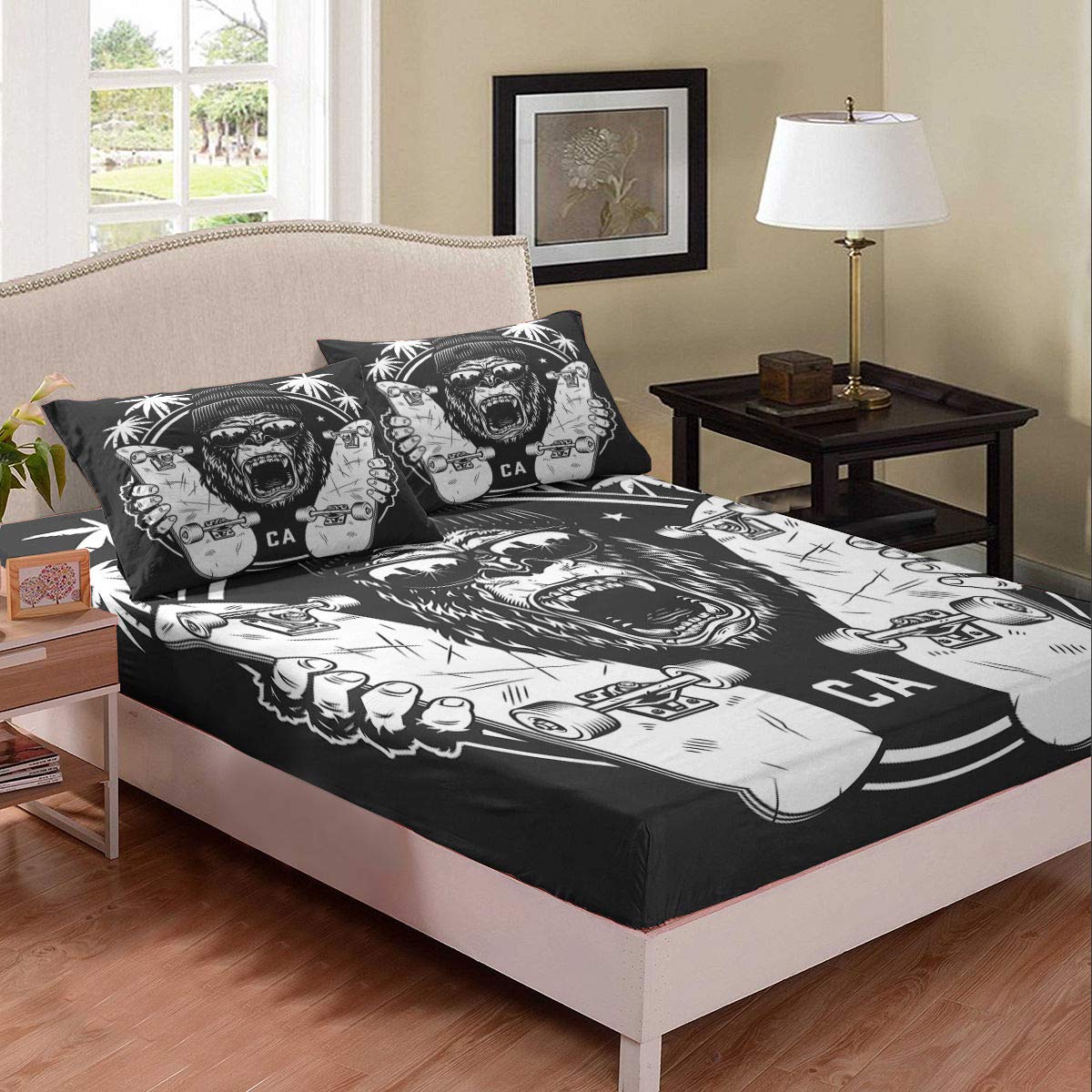 Erosebridal Boys Skateboard Fitted Sheet Queen Size - Wild Animal Print Bed Sheets for Kids, Teens & Adults - Durable Cotton Bedding with Cap & Sunglasses Design - Perfect for Hawaii Beach Theme Rooms & Vintage Bedroom Decor