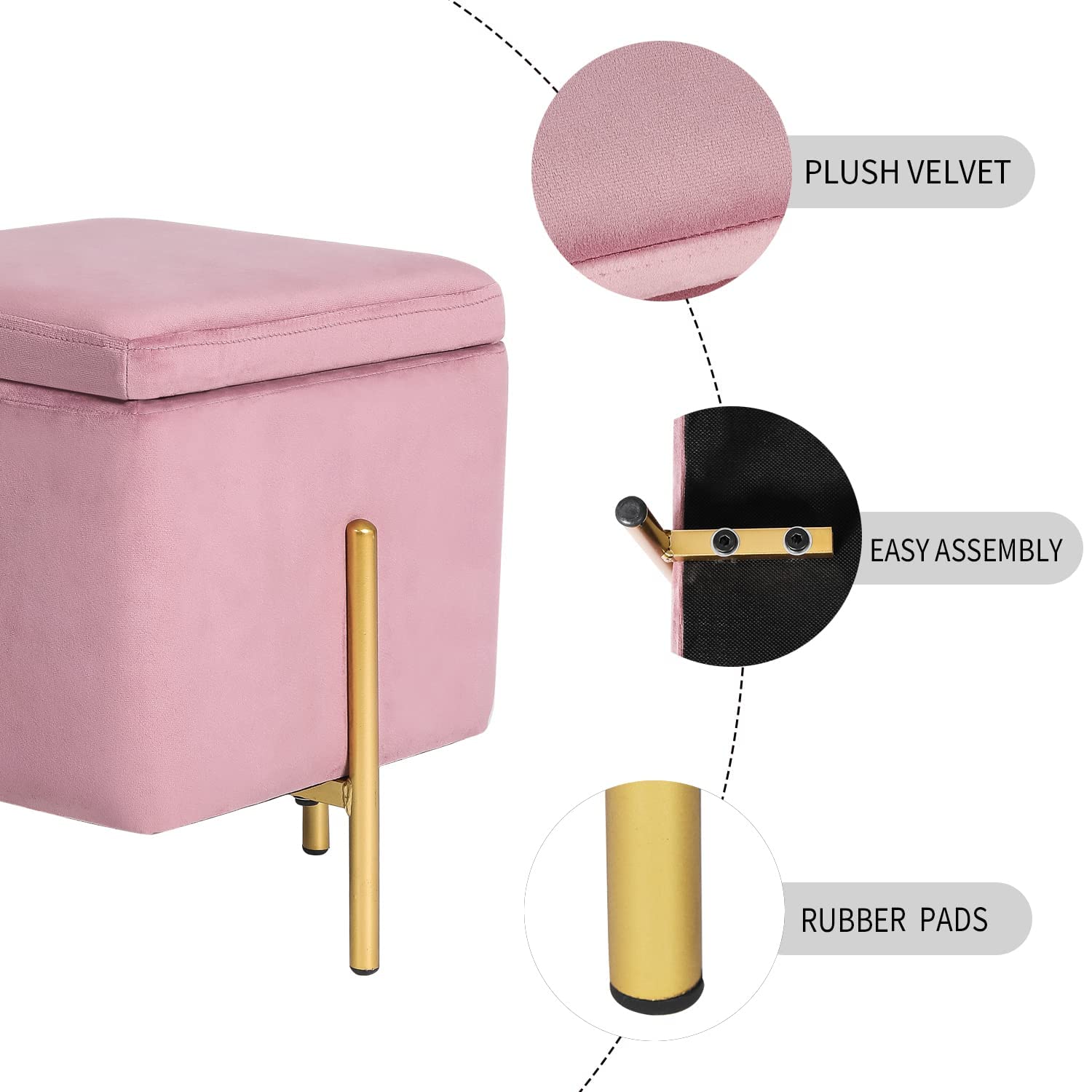 Adeco Pink Velvet Tufted Square Storage Ottoman - Modern Footrest with Hidden Storage for Living Room, Bedroom & Dorm | Small Couch Ottoman for Extra Seating & Organization