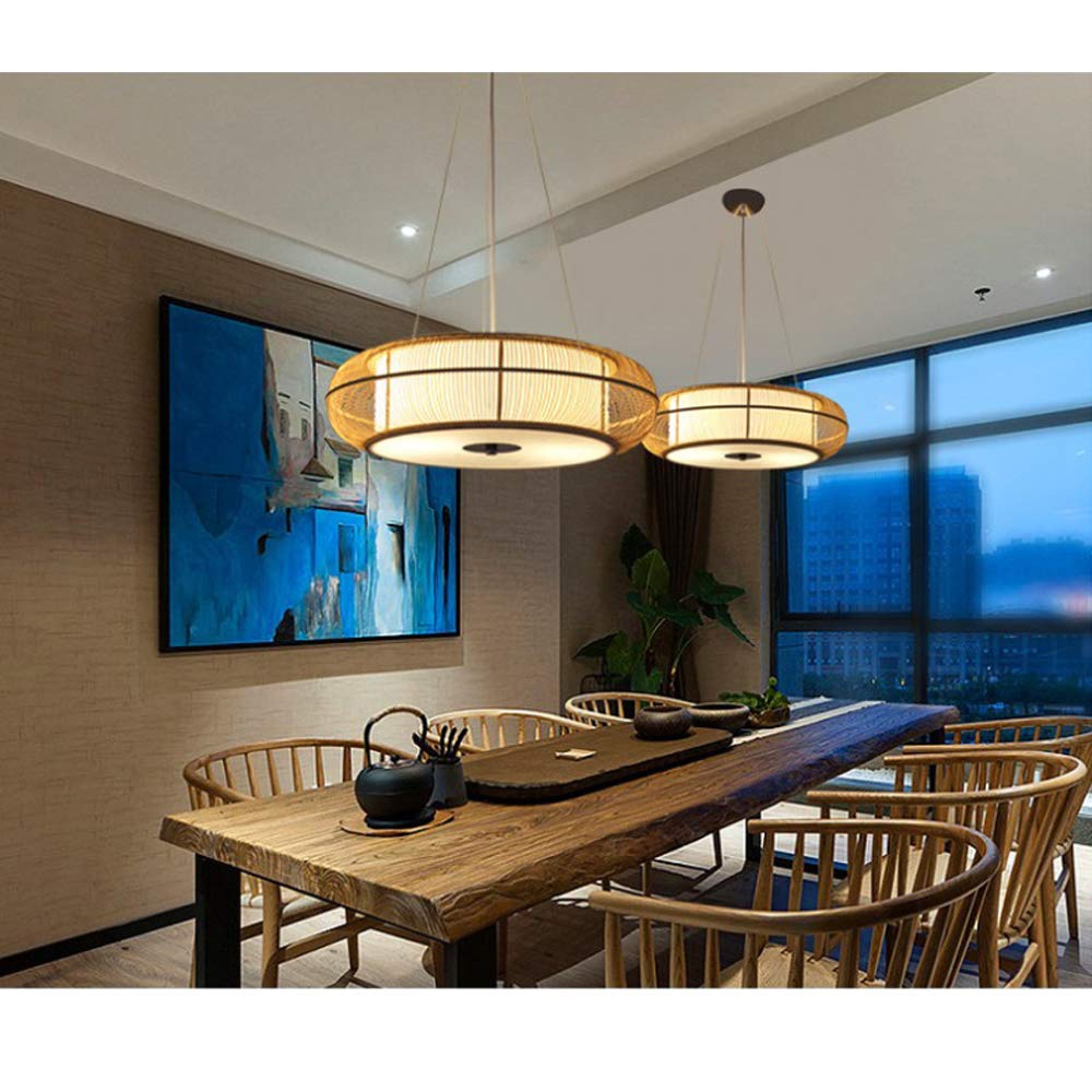 Rustic Round Wood Ceiling Pendant Light - 3-Light Island Hanging Lamp with Adjustable Cord, Natural Woven Wood Chandelier for Kitchen, Dining Room, Bedroom, Restaurant & Cafe Decor