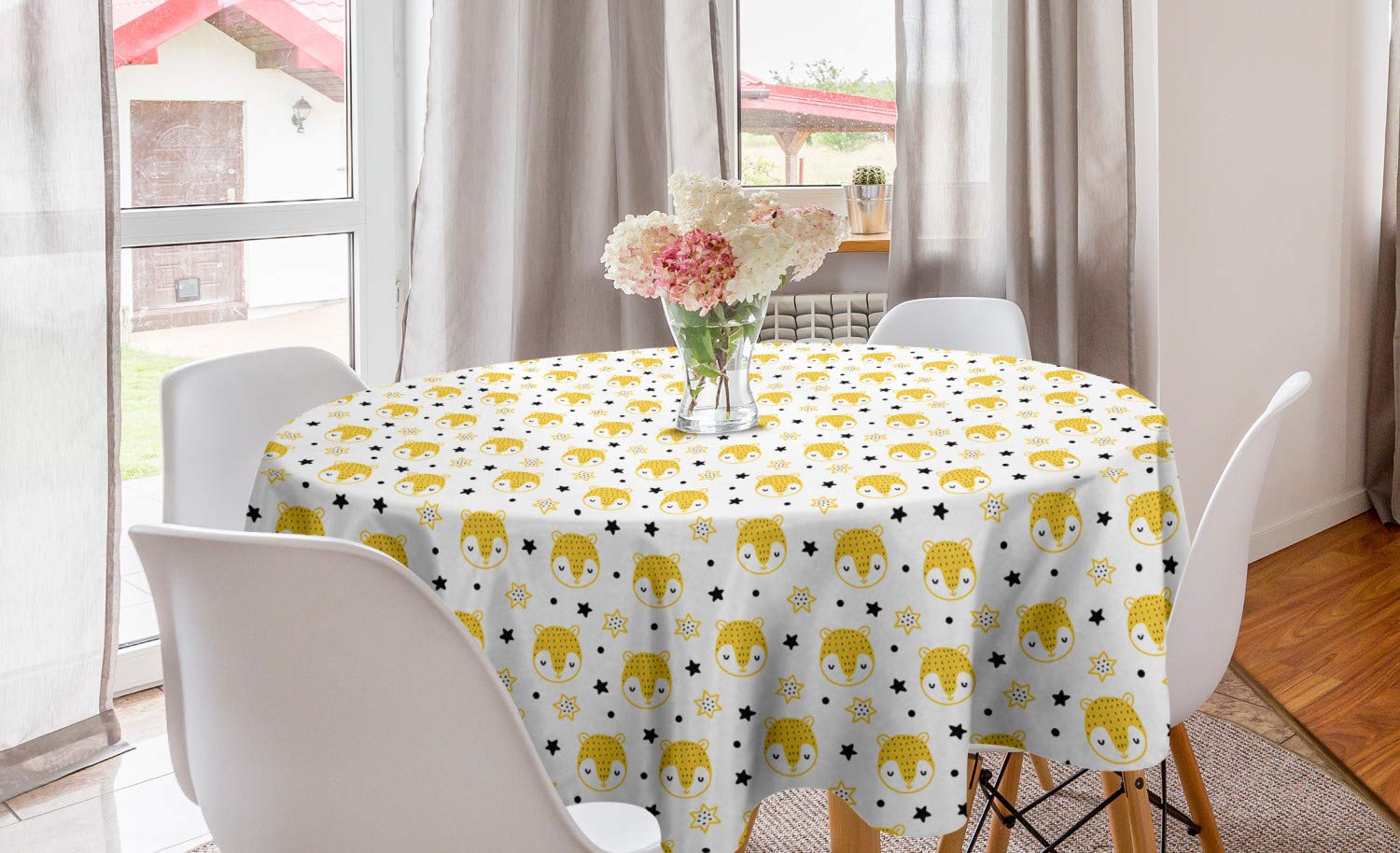 Ambesonne Cartoon Round Tablecloth - Hand Drawn Bear Heads with Stars & Polka Dots Funky Pattern, 60 Inch Circular Table Cover for Dining Room, Kitchen Decor in Mustard & Charcoal Grey | Perfect for Birthday Parties, Picnics & Holiday Gatherings