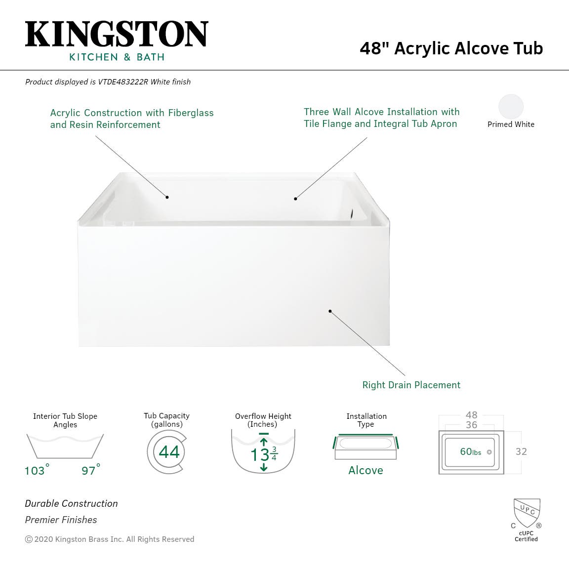 48 Inch Acrylic Alcove Bathtub - Freestanding Soaking Tub for Small Bathrooms, Spa-Like Relaxation at Home