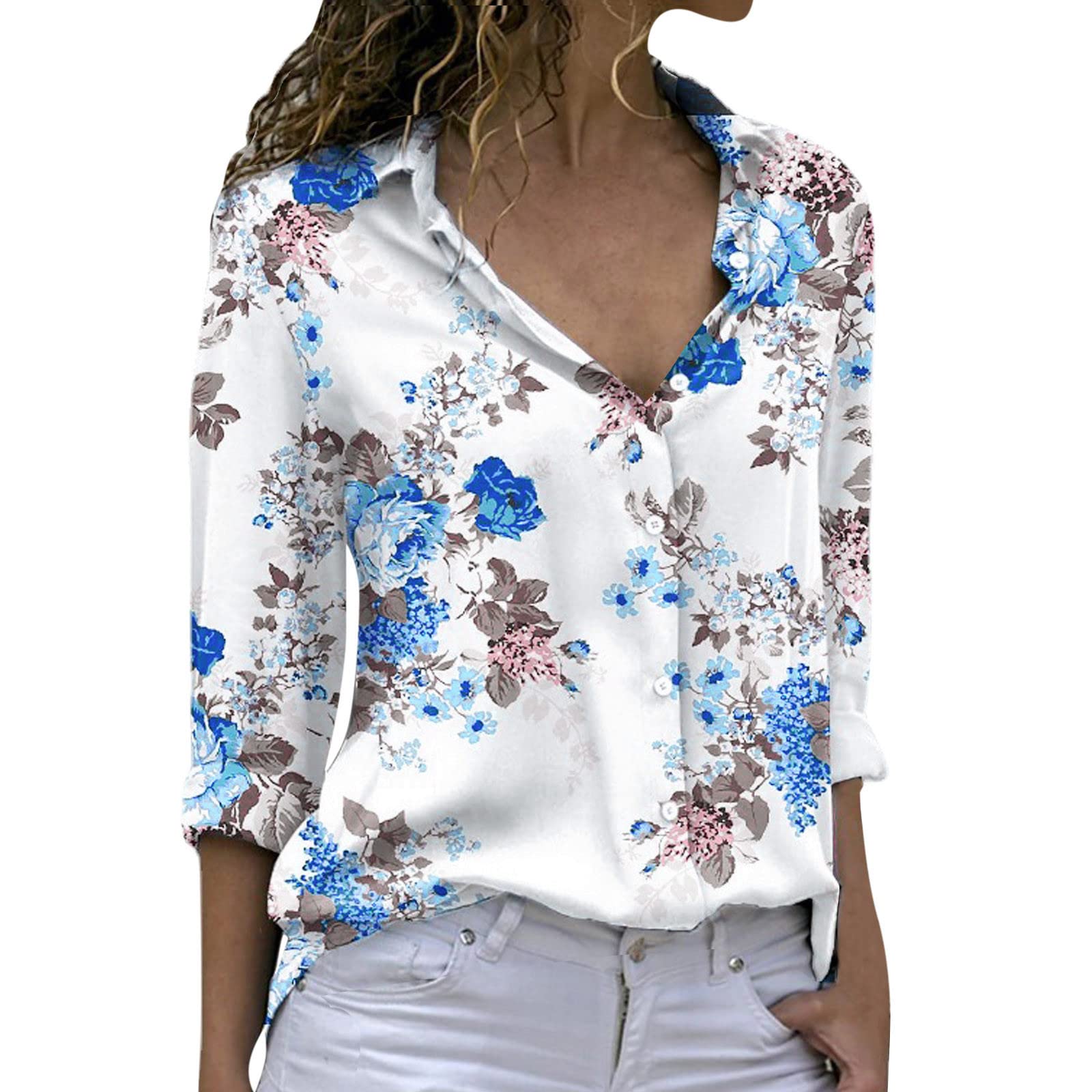 Women's Floral Print Long Sleeve Button Down Blouse - Summer Casual Fitted White Dressy Top with Lapel Collar | Perfect for Office Wear, Date Night & Spring Outfits
