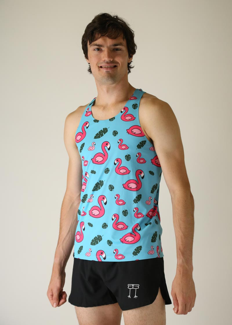 Men's Blue Flamingo Performance Singlet - Breathable Athletic Tank Top for Running & Workouts - Gym, Beach & Summer Activewear