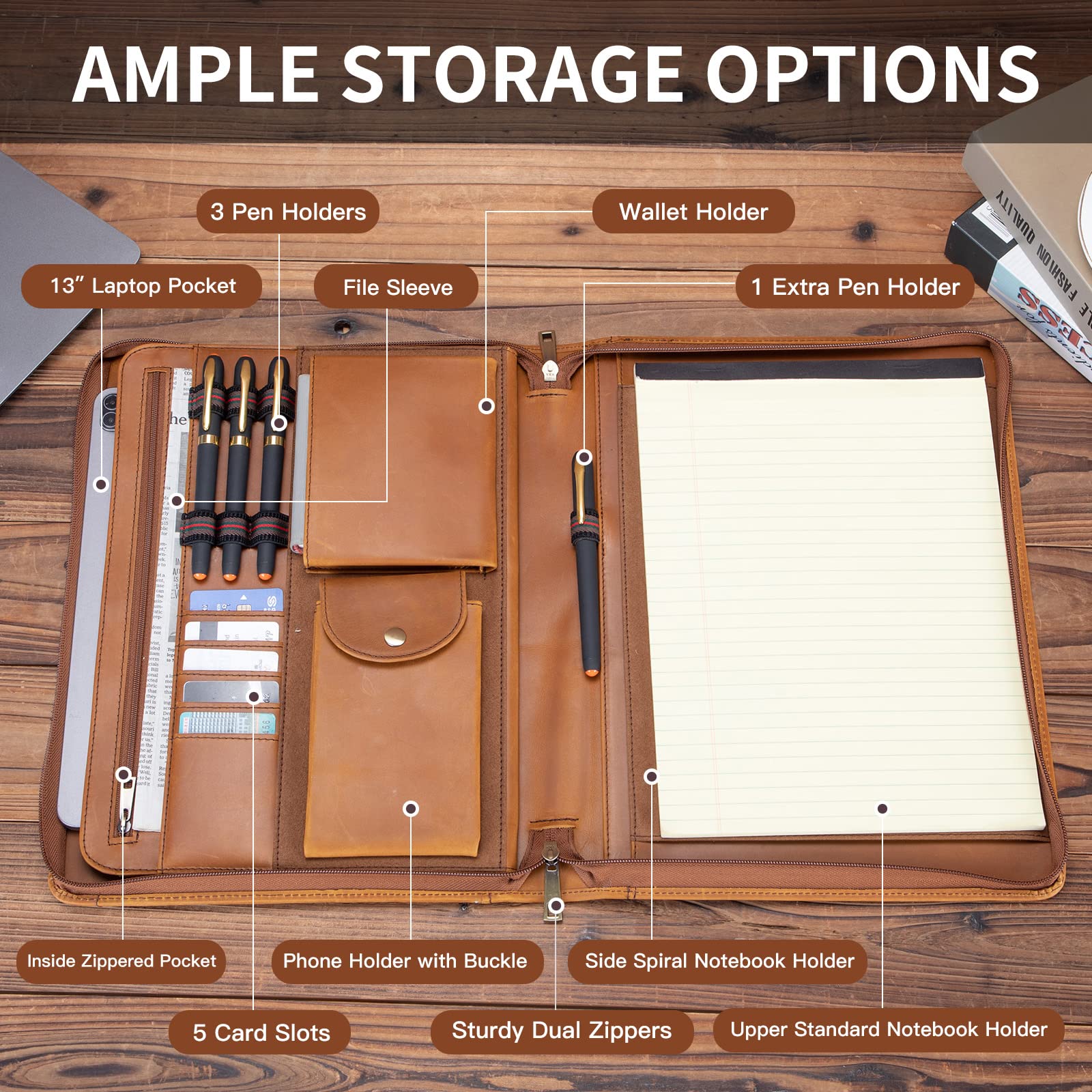 Premium Genuine Leather Portfolio with Zippered Front Pocket - Professional 8.5