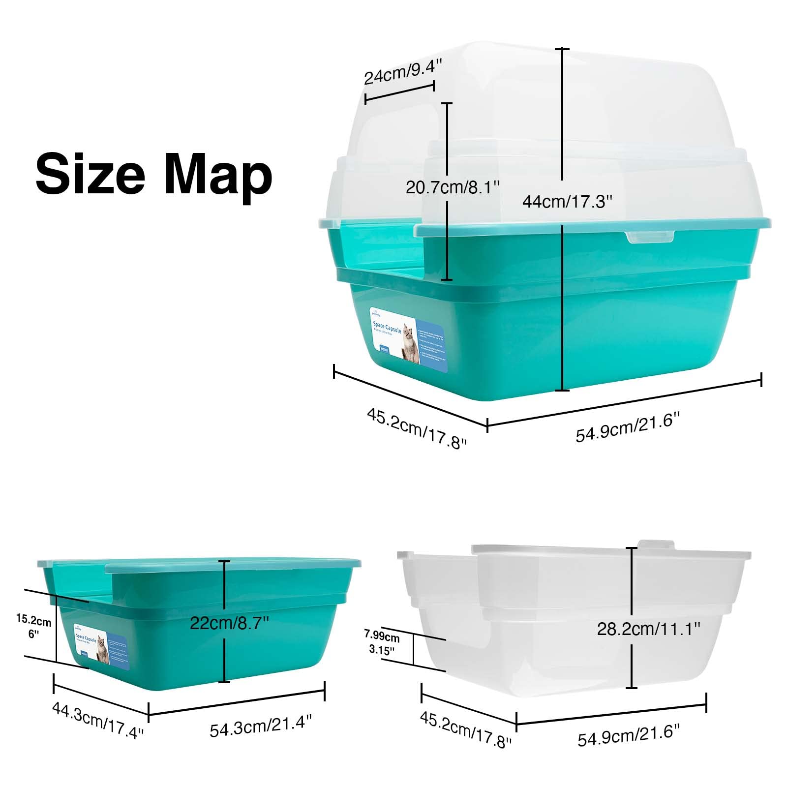 Foldable Large Hooded Cat Litter Box with Transparent Lid - Jumbo Size for Multiple Cats, Odor Control & Privacy (Teal) | Ideal for Home, Apartment & Travel Use