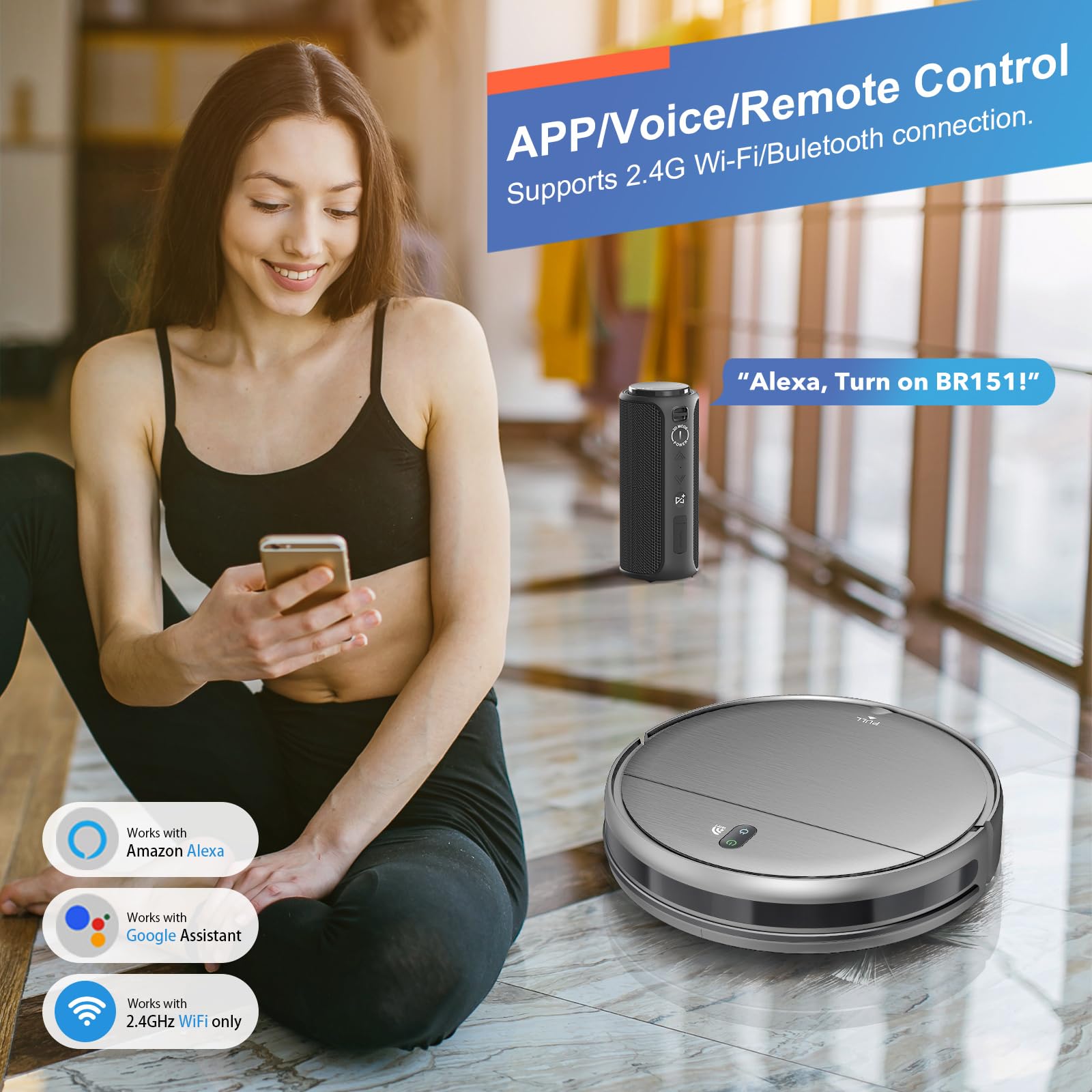 Smart Robot Vacuum and Mop 2-in-1 - WiFi/App & Voice Control, Self-Charging, Slim Design with Water Tank & Dustbin - Perfect for Hard Floors, Pet Hair, Carpets - Ideal for Home Cleaning & Pet Owners