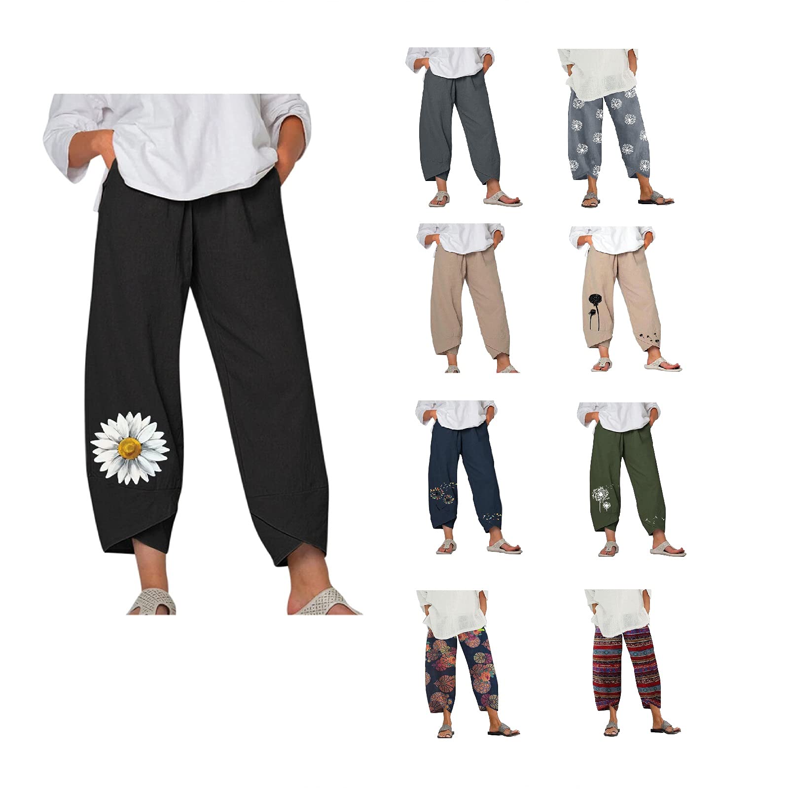Smooto Women's Linen Pull Up Pants - Stretch Capri Crop Pants in Gray Size XL (5) | Casual Summer Wear, Beach Outfits & Lounge Pants