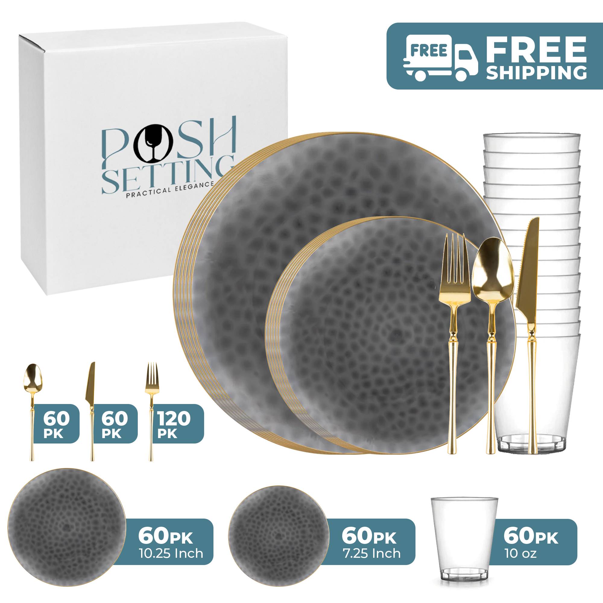Transparent Black & Gold Plastic Party Bundle - Organic Hammered Disposable Tableware Set for Birthday, Wedding & Holiday Celebrations