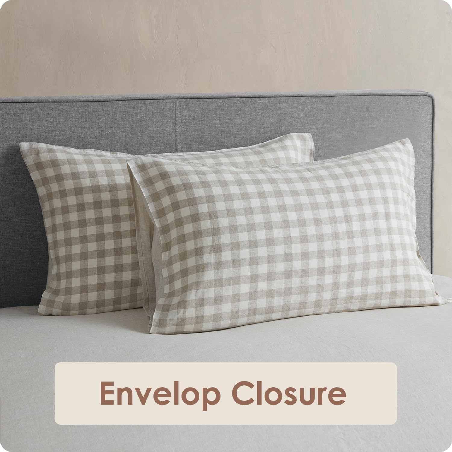 DAPU 100% Washed Linen Sheet Set Full Size - 4 Piece Hypoallergenic Soft Bedding with Envelope Closure, Gingham Check Plaid Geometric Pattern in Beige & White | Breathable & Comfortable for All Seasons, Perfect for Master Bedroom, Guest Room & Vacation Homes