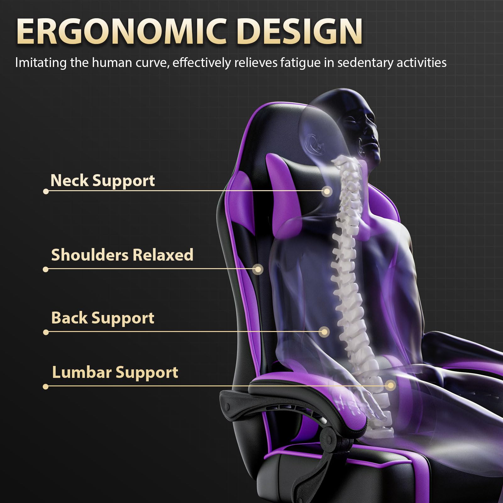 Ergonomic Gaming Chair with Adjustable Lumbar Support & Headrest - Purple Computer Desk Chair for Office & Home Gaming Setup - Height Adjustable with Footrest for Comfortable PC Gaming & Work Sessions
