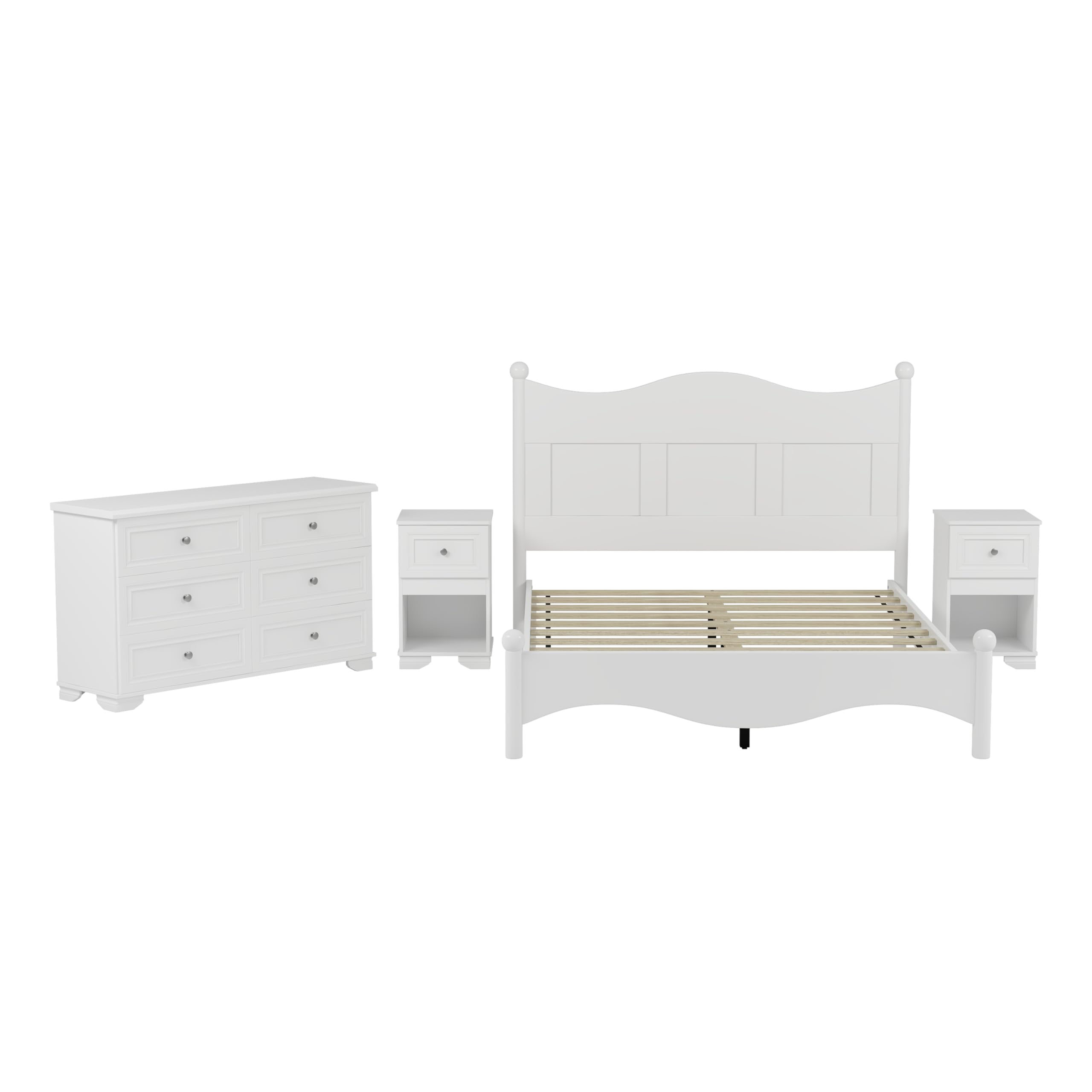 4-Piece Queen Bedroom Set with Storage - Wood Bed Frame, Nightstand & Dresser with Metal Handles (White) | Complete Bedroom Furniture for Master Bedroom, Guest Room & Small Spaces