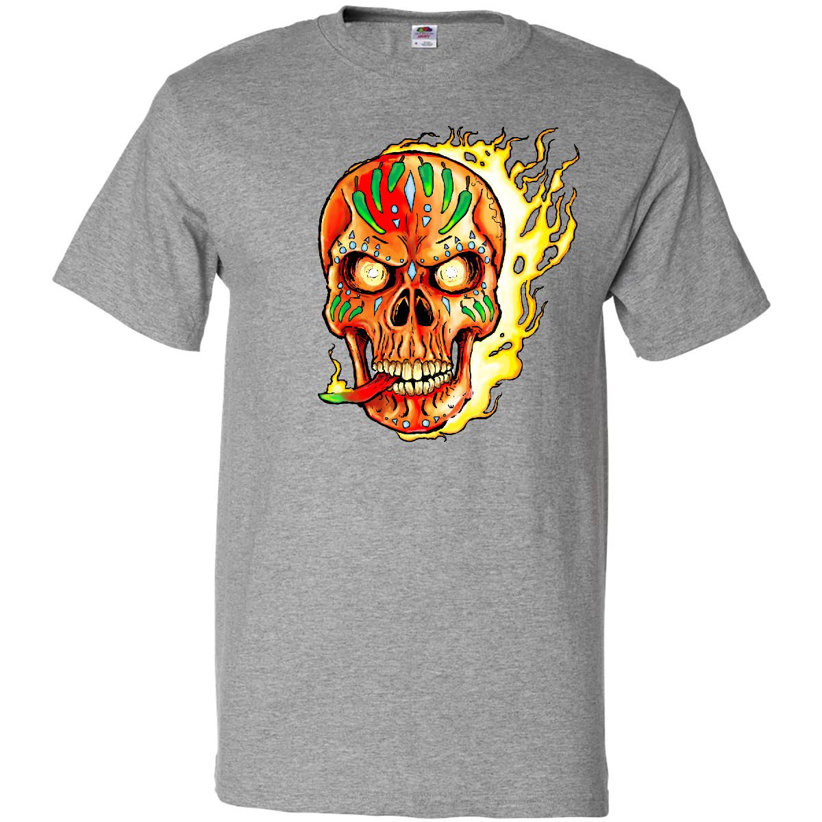 Inktastic Hot Sauce Hot Pepper Skull ON FIRE Adult T-Shirt - Spicy Skull Graphic Tee for Men & Women - Perfect for Halloween, Concerts, and Casual Wear