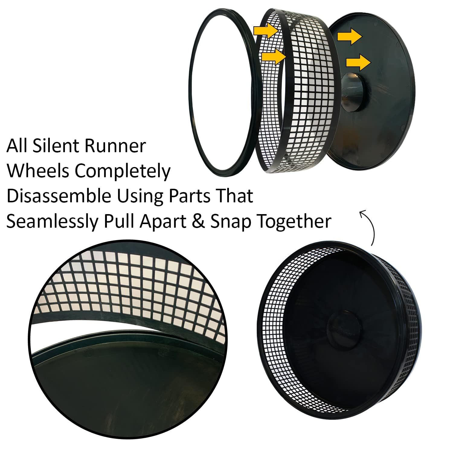 Silent Runner Pro - Quiet Exercise Wheel for Sugar Gliders | Noiseless Hamster Running Wheel with Secure Attachment (Black) | Perfect for Small Pets' Nighttime Activity & Cage Enrichment