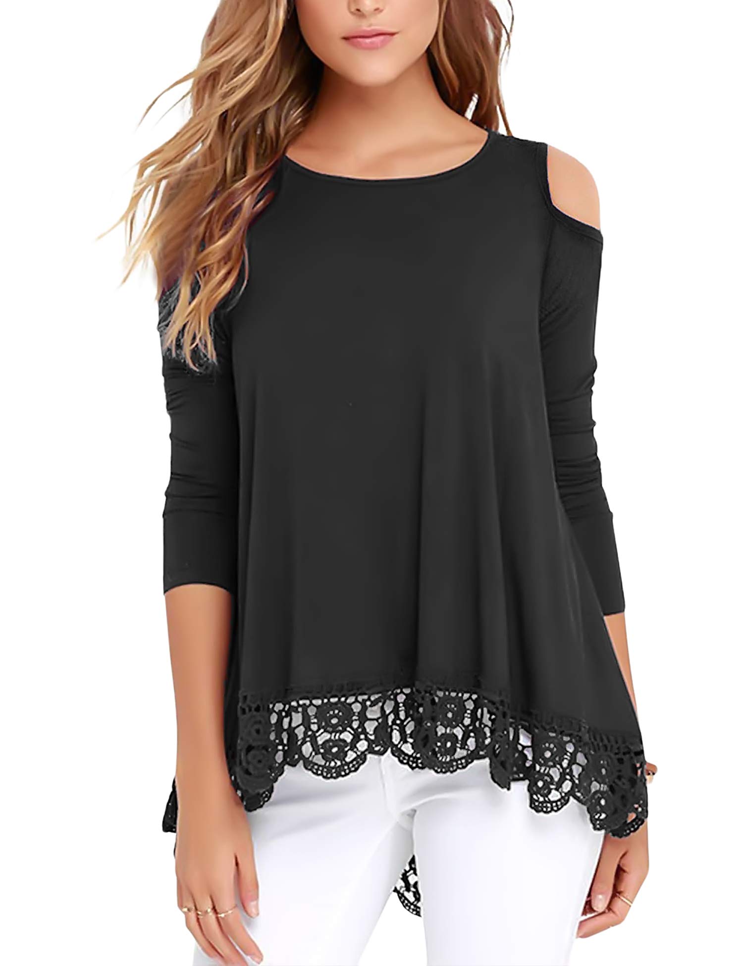 RAGEMALL Women's Cold Shoulder Tops Long Sleeve Lace Trim Tunic Blouse - Elegant Floral Print Party Wear for Date Night & Office Outfits