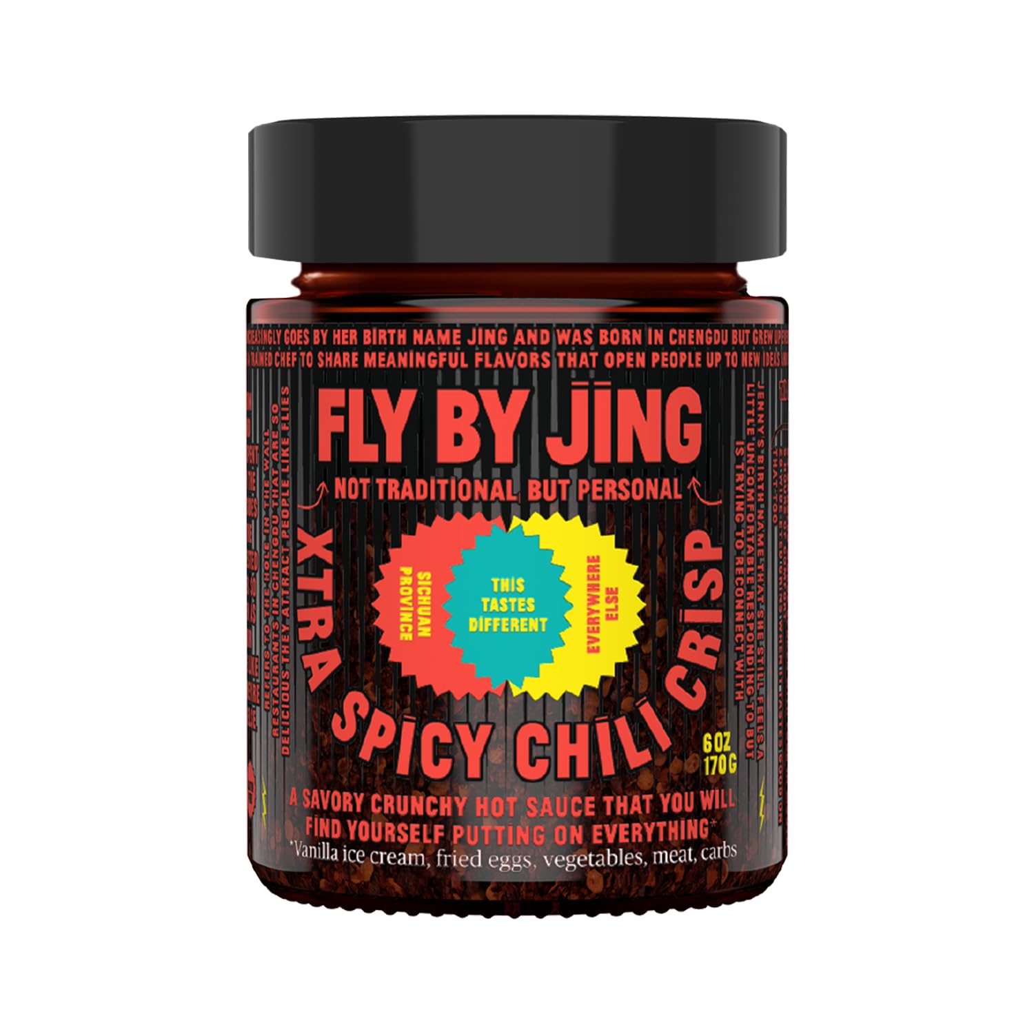 FLYBYJING Xtra Spicy Chili Crisp - Sichuan Pepper Hot Chili Oil Sauce - All Natural Vegan Hot Sauce with Extra Hot Chilis - 6oz (Pack of 1) - Perfect for Noodles, Dumplings, Pizza & Stir-Fry Dishes