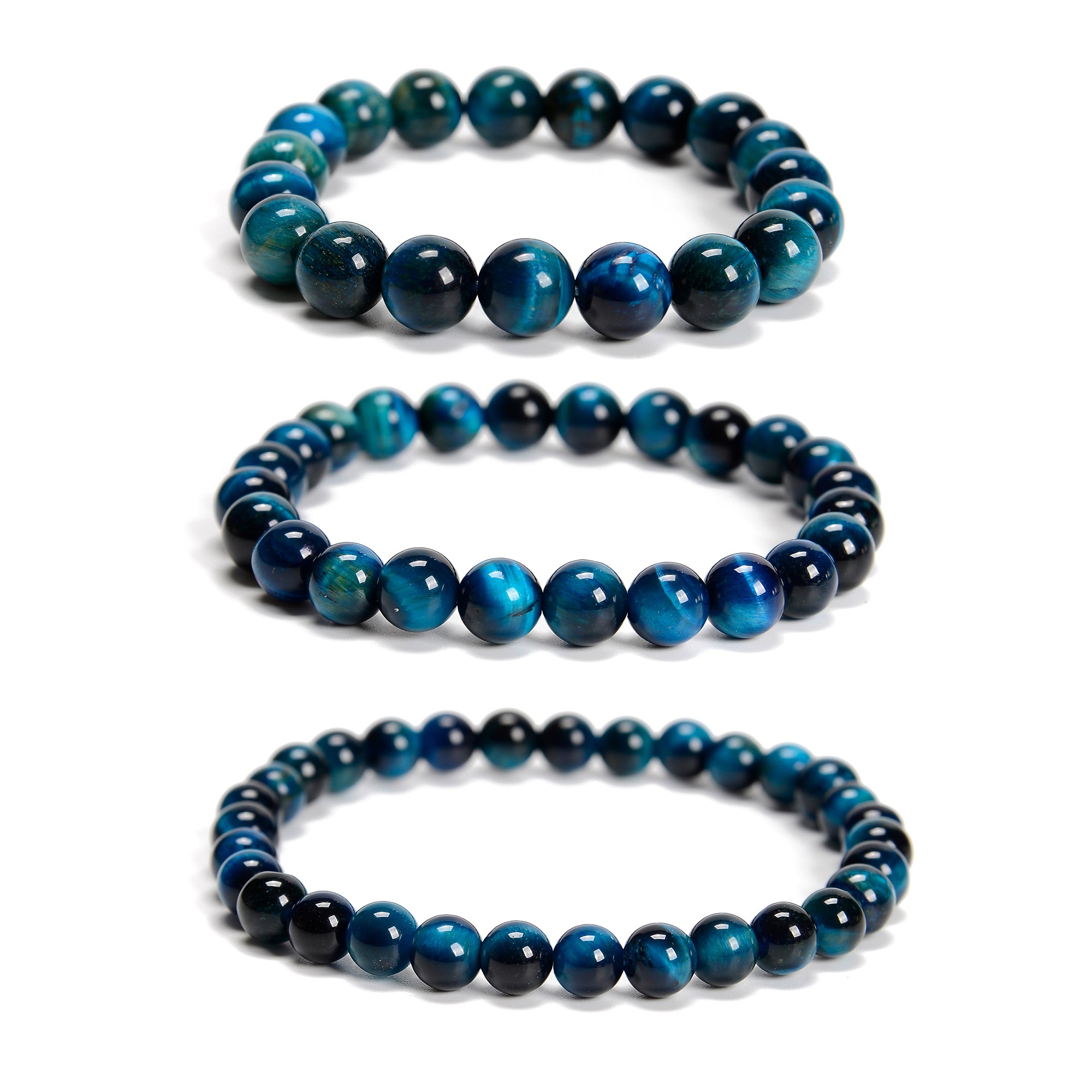 Blue Green Tiger Eye Beaded Bracelet Set - 6mm, 8mm, 10mm Round Beads - 7.5