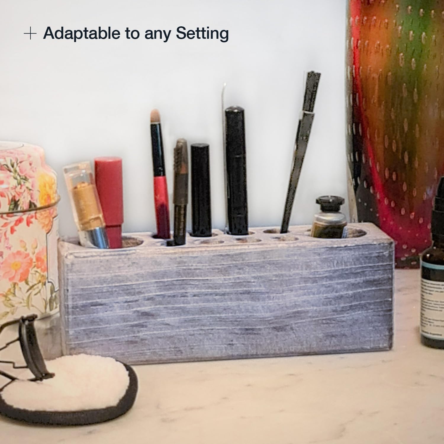 Rustic Whitewashed Wooden Pen Holder - Grey Solid Wood Desk Organizer for Office & Home | Perfect for Paint Brushes, Markers, and Art Supplies Storage | Ideal for Artists, Students, and Workspaces