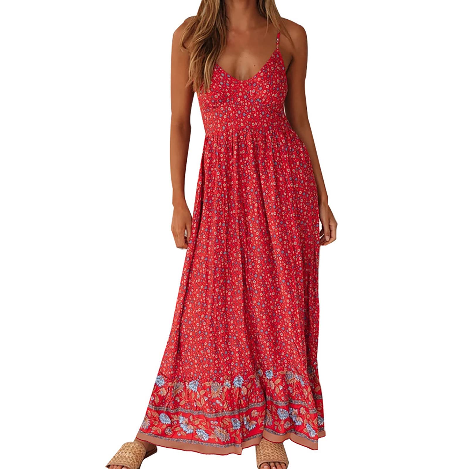 Boho Maxi Dress for Women - Floral V Neck Sleeveless Spaghetti Strap Bohemian Summer Dress | Flowy Beach Cover Up, Casual Sundress for Vacation, Pool Party & Outdoor Date Night