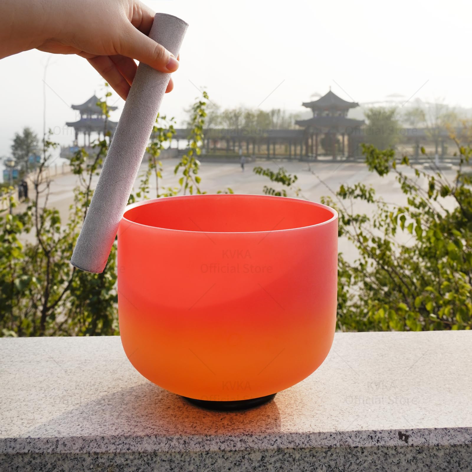 KVKA 10 Inch Rainbow C Note Root Chakra Singing Bowl - Red & Yellow Frosted Quartz Crystal with Carrying Case for Meditation, Yoga, Sound Healing & Chakra Balancing