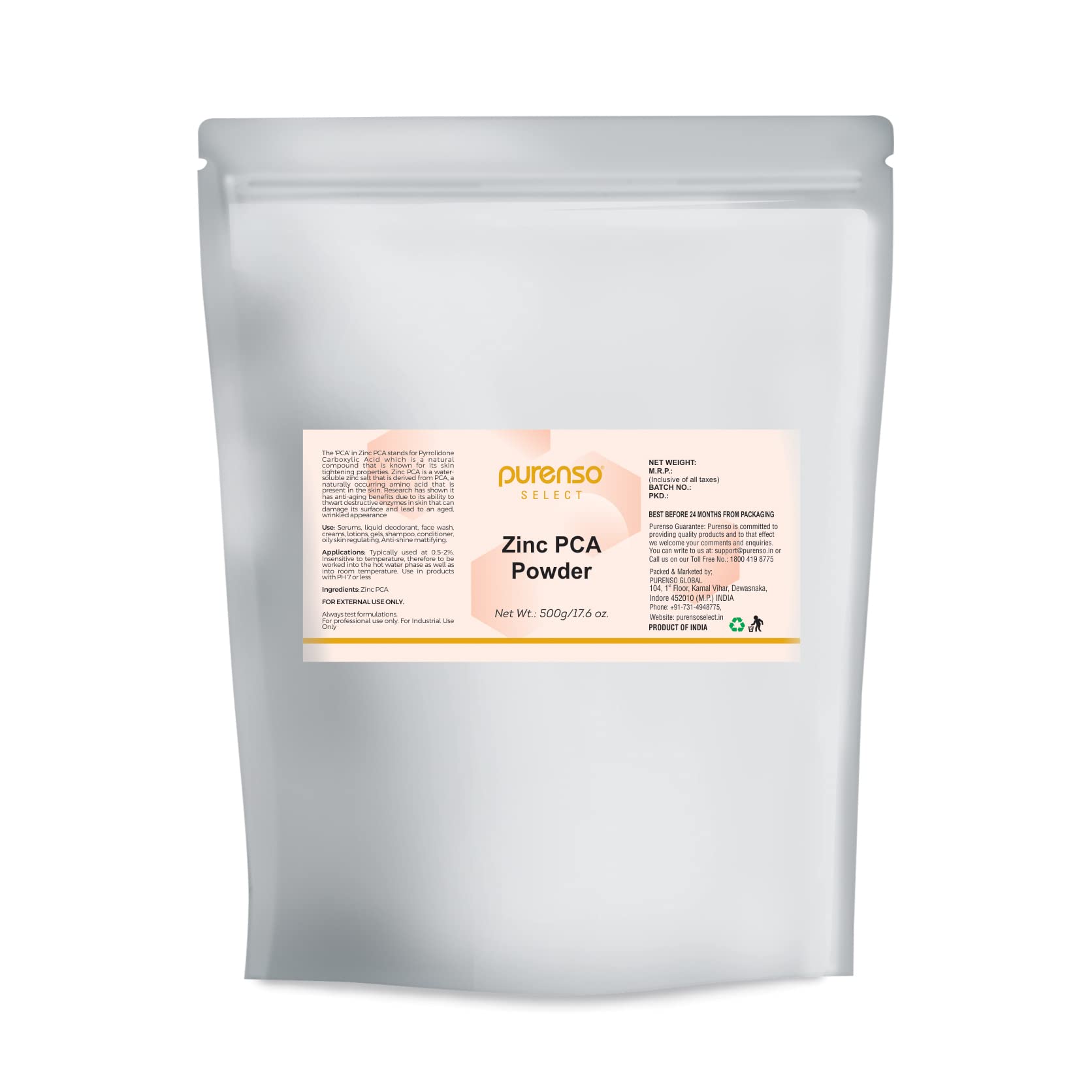 Purenso Select - Zinc PCA Powder, 500g | Skin Care & Hair Care Ingredient for Serums, Deodorants, Face Wash, Creams, Lotions, Gels, Shampoo & Conditioner | DIY Beauty Products & Cosmetic Formulations