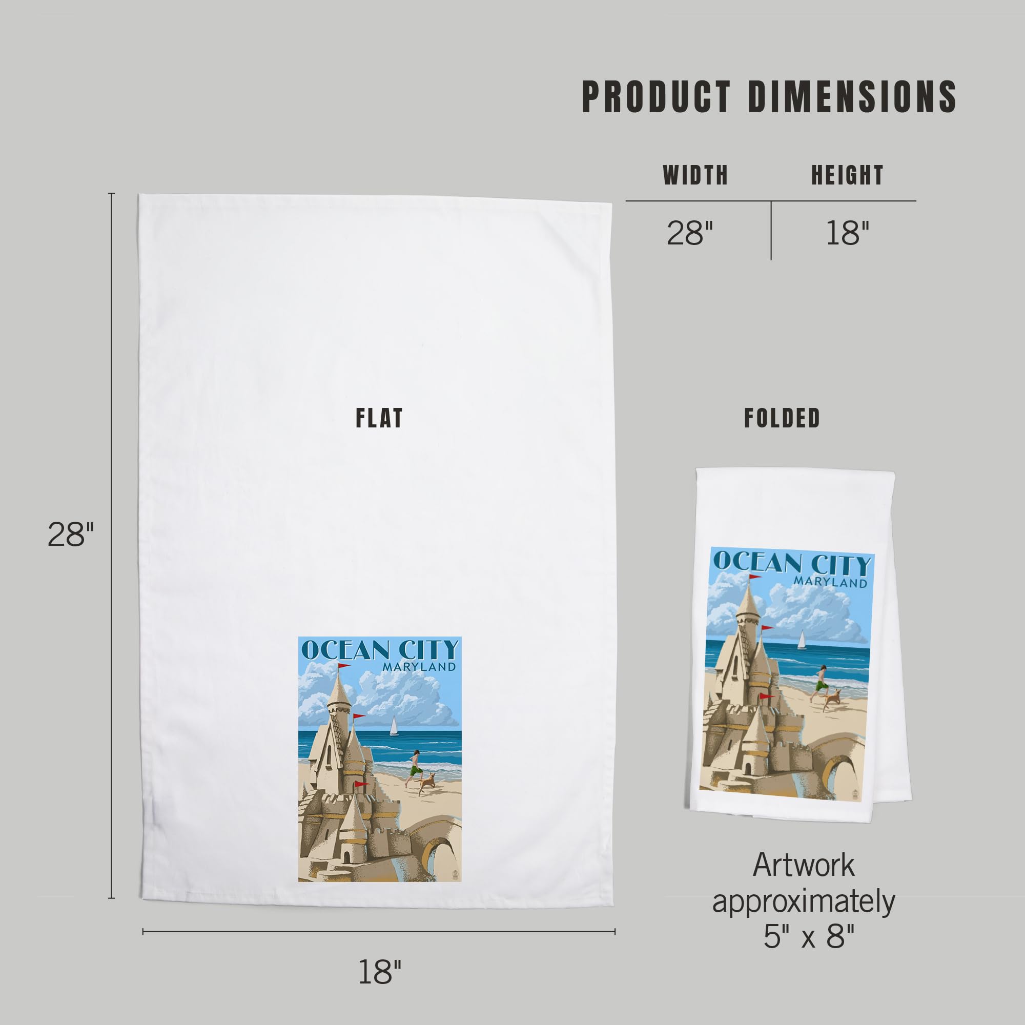 Lantern Press Ocean City Maryland Sand Castle 100% Cotton Tea Towel - Decorative Hand Towel for Kitchen, Home Decor & Beach House - Perfect for Dish Drying, Gift Giving & Coastal Themed Decor