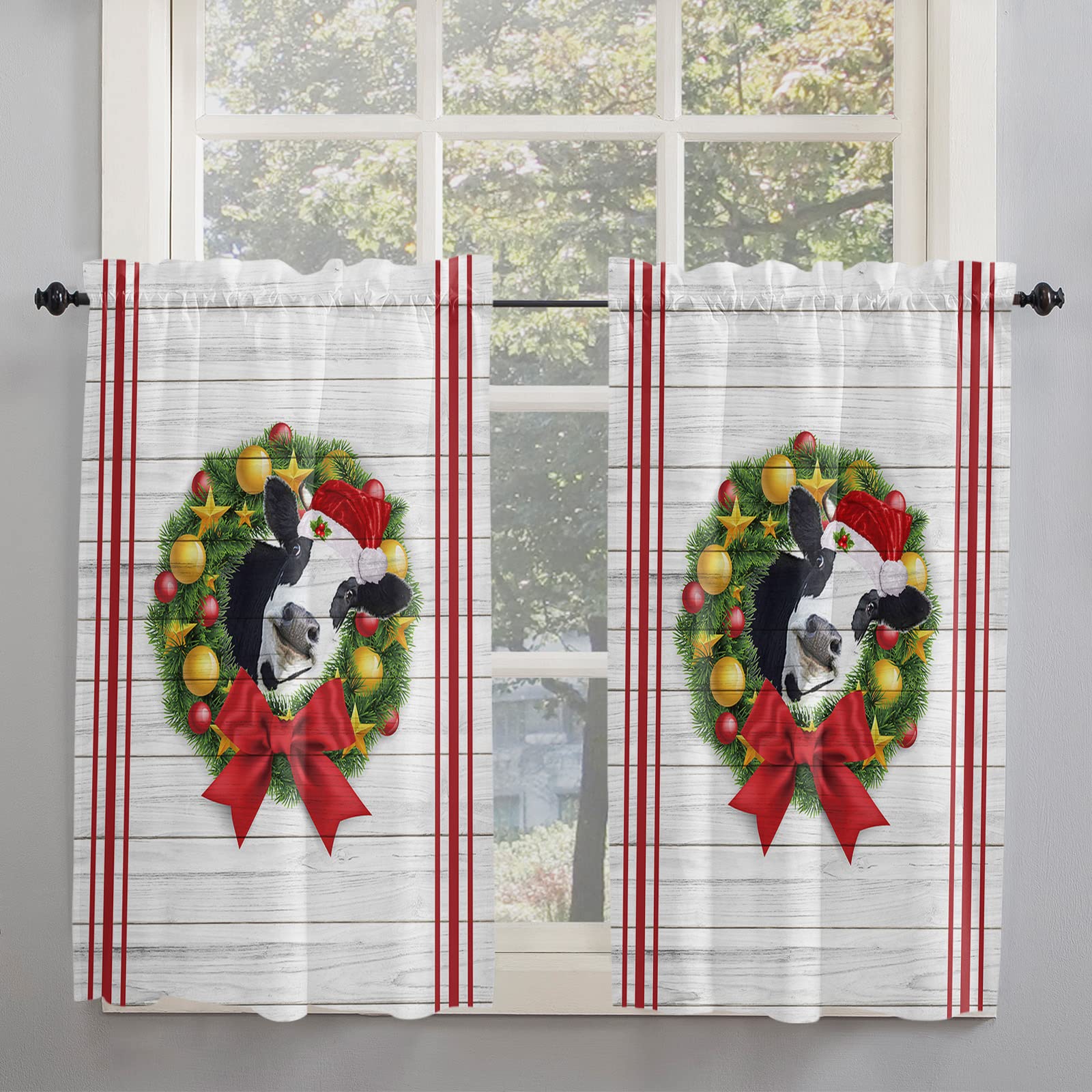 Red Stripes Cow Print Christmas Wreath Window Curtains - Light Filtering 84