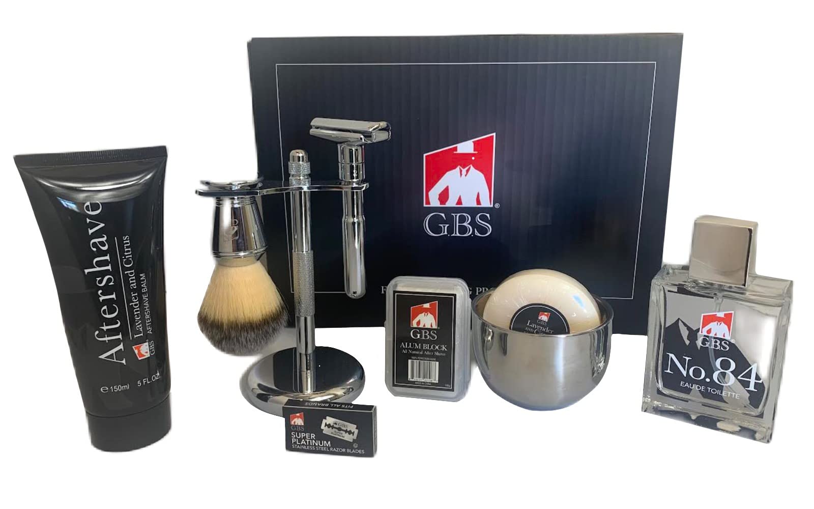 Premium G.B.S Men's Shaving Kit - Adjustable Safety Razor with Lavender Aftershave, Badger Hair Shaving Brush, Stand, Bowl, Soap & Alum Block - Perfect Gift Set for Father's Day & Grooming Enthusiasts - Ideal for Home Spa & Travel Shaving Routine