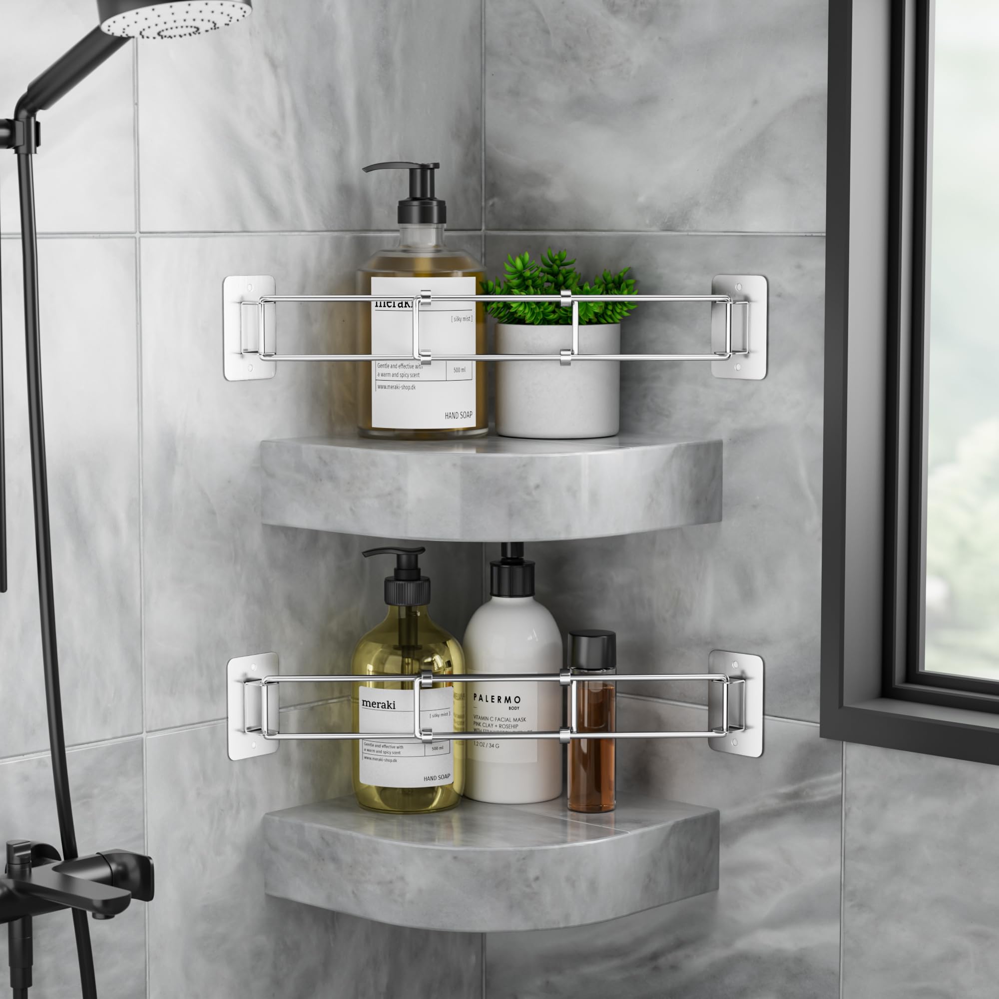 Adjustable RV Shower Shelf Organizer - 2 Pack Stainless Steel Corner Rod for Camper Bathroom Storage (7-13 Inches) - Perfect for RV, Travel Trailer & Tiny House Bathroom Organization