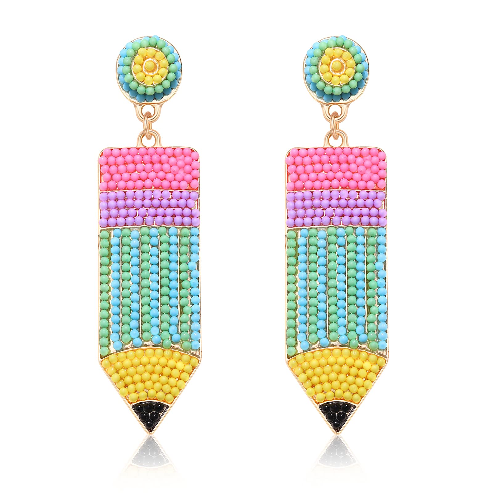 Handmade Beaded Pencil & Apple Dangle Earrings for Teachers - Hypoallergenic Funny Jewelry Gift | Teacher Appreciation, Back to School Decor, Women's Fashion Accessories | Perfect for Classroom, Graduation & Teacher's Day Celebrations