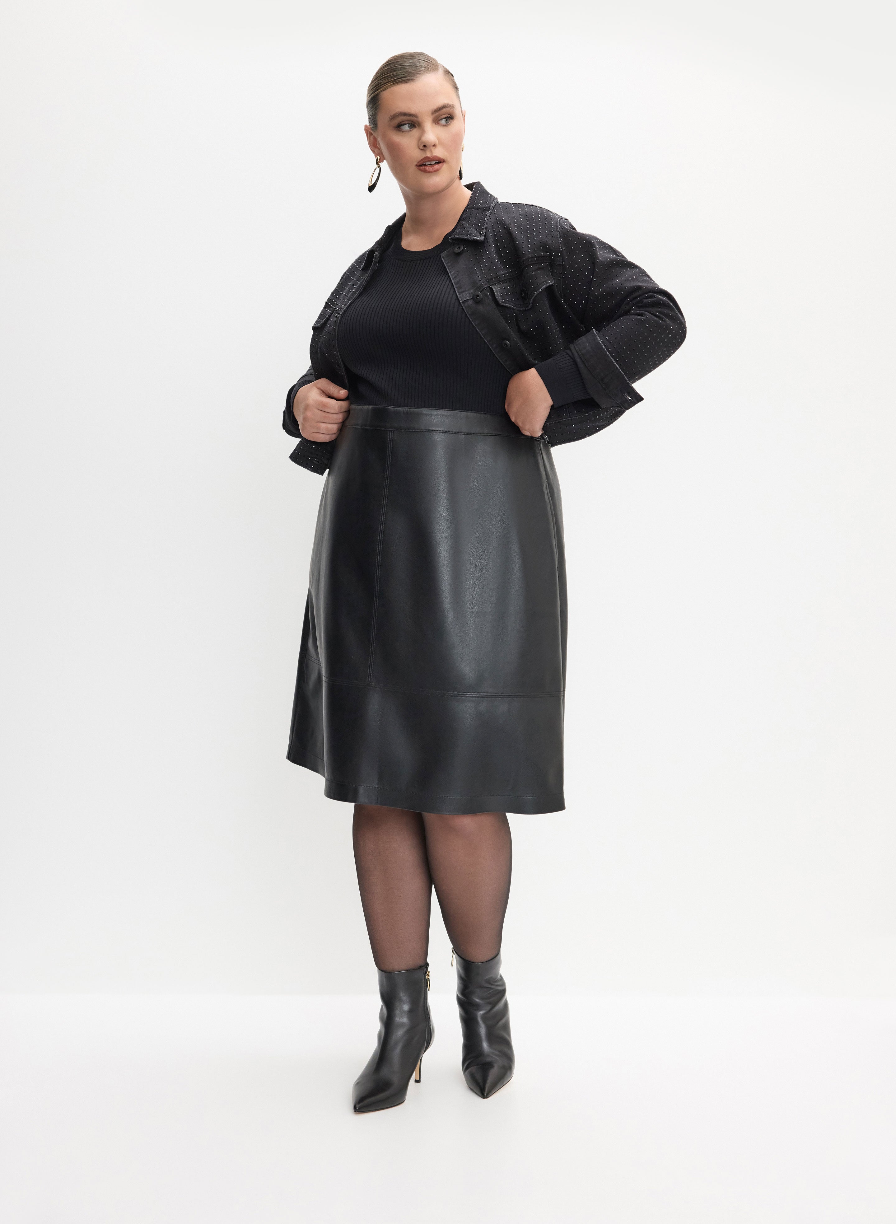 Embellished Cropped Denim Jacket & Vegan Leather Illusion Dress - Stylish Women's Fashion Outfits for Casual Wear & Night Out