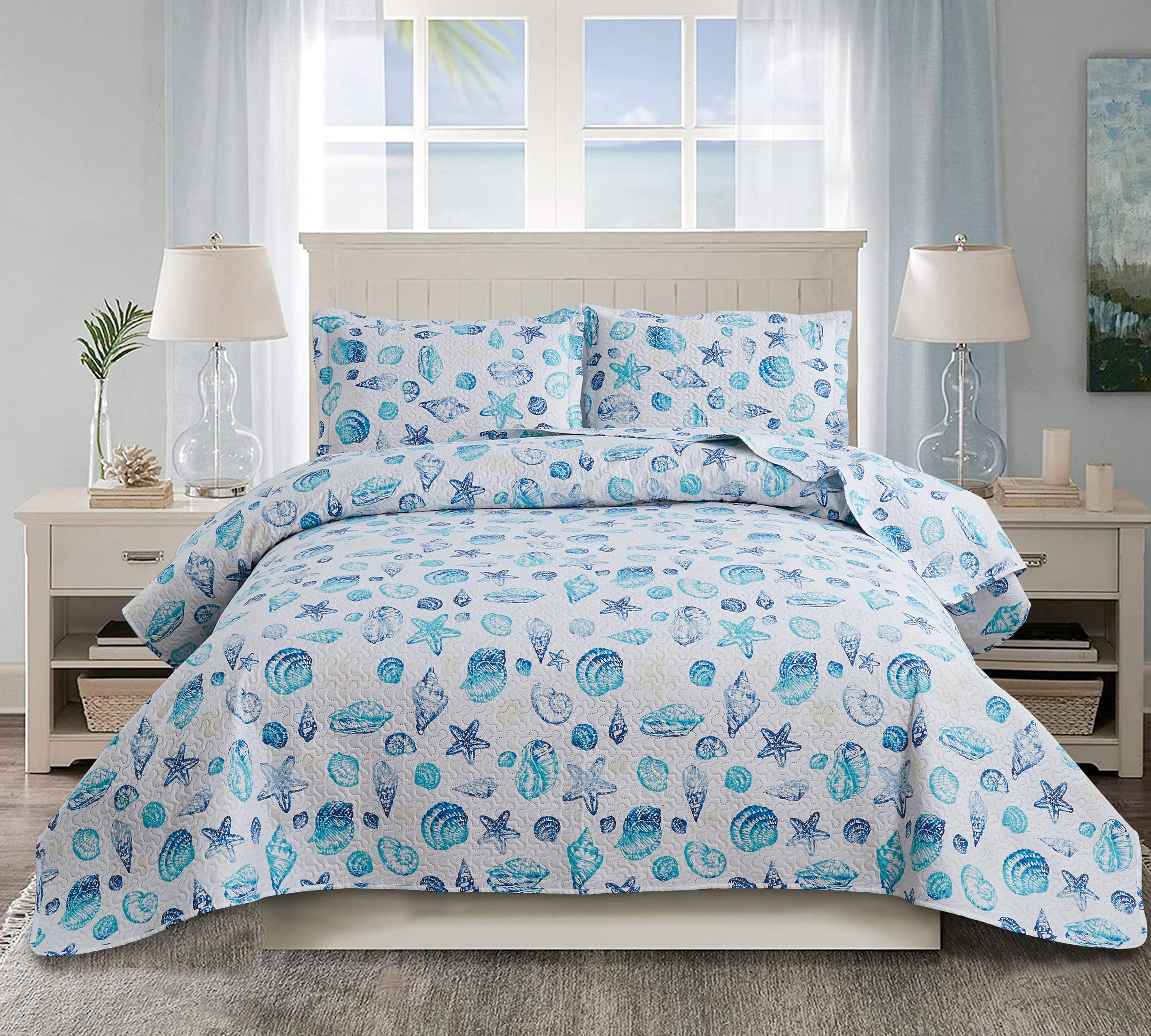 King Size Reversible Beach Quilt Set - Lightweight Summer Bedspread Coverlet with Coastal Ocean Starfish Shell Design for Bedroom Decor | Perfect for Guest Rooms, Vacation Homes & Coastal Themed Bedding