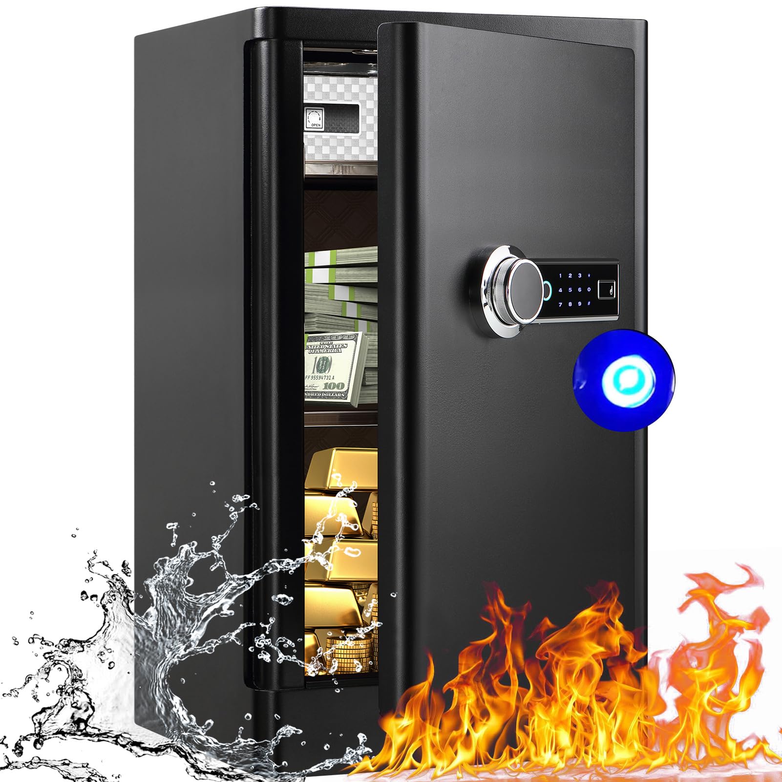 6.1 Cu Ft Extra Large Biometric Safe - Fireproof & Waterproof Home Security Safe Box with Fingerprint Lock, Hidden Compartment & Separate Lock Box for Documents, Firearms, Jewelry & Valuables - Ideal for Home, Office & Gun Storage Protection