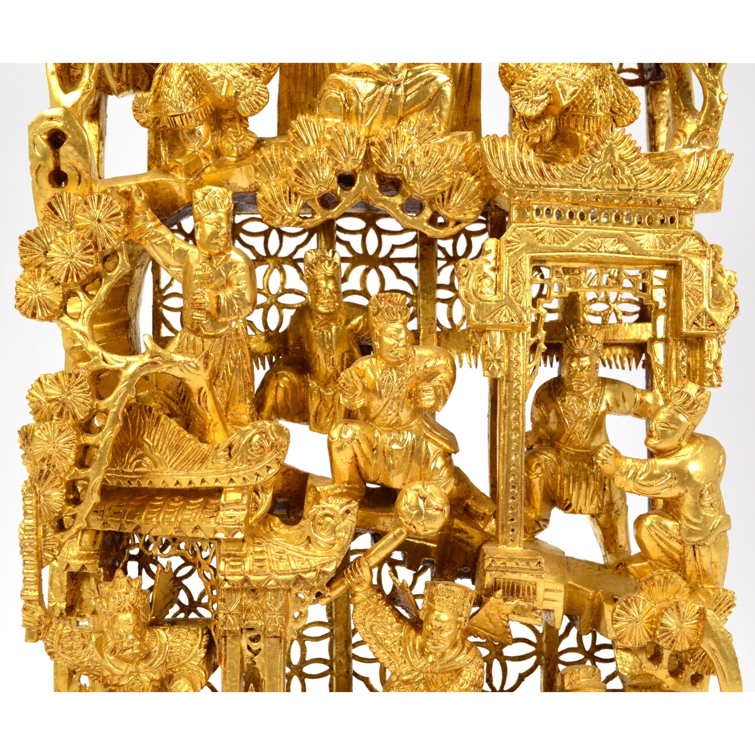 Antique Chinese Carved Wood Openwork Panel with Gold Gilding - Imperial Scene Wall Art for Home Decor & Asian-Inspired Interior Design