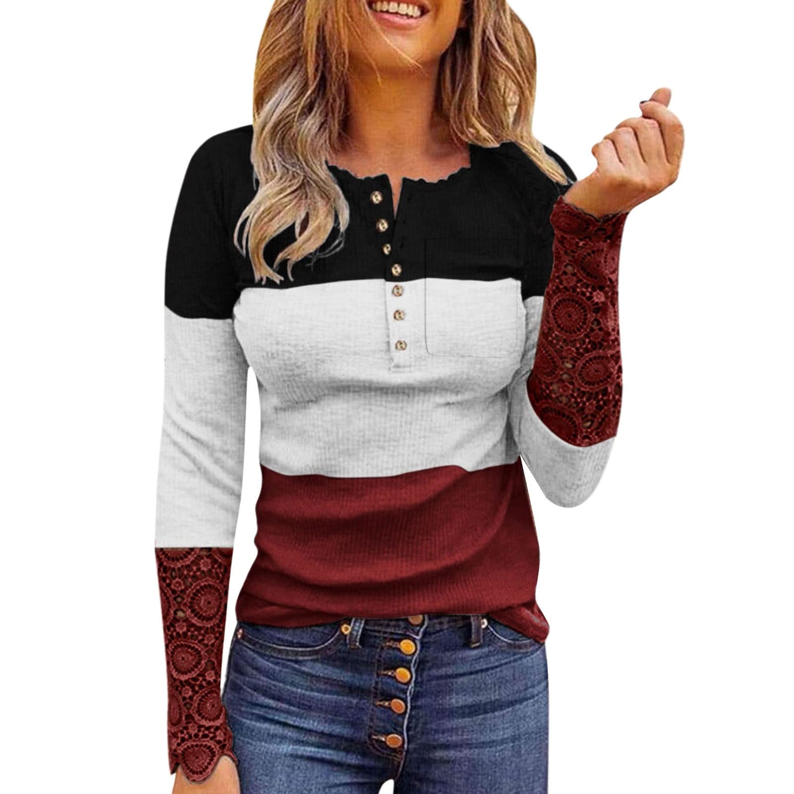 Women's Long Sleeve Lace V-Neck Button Down Henley Blouse - Elegant White Plus Size Tops for Work, Date Night & Casual Outfits