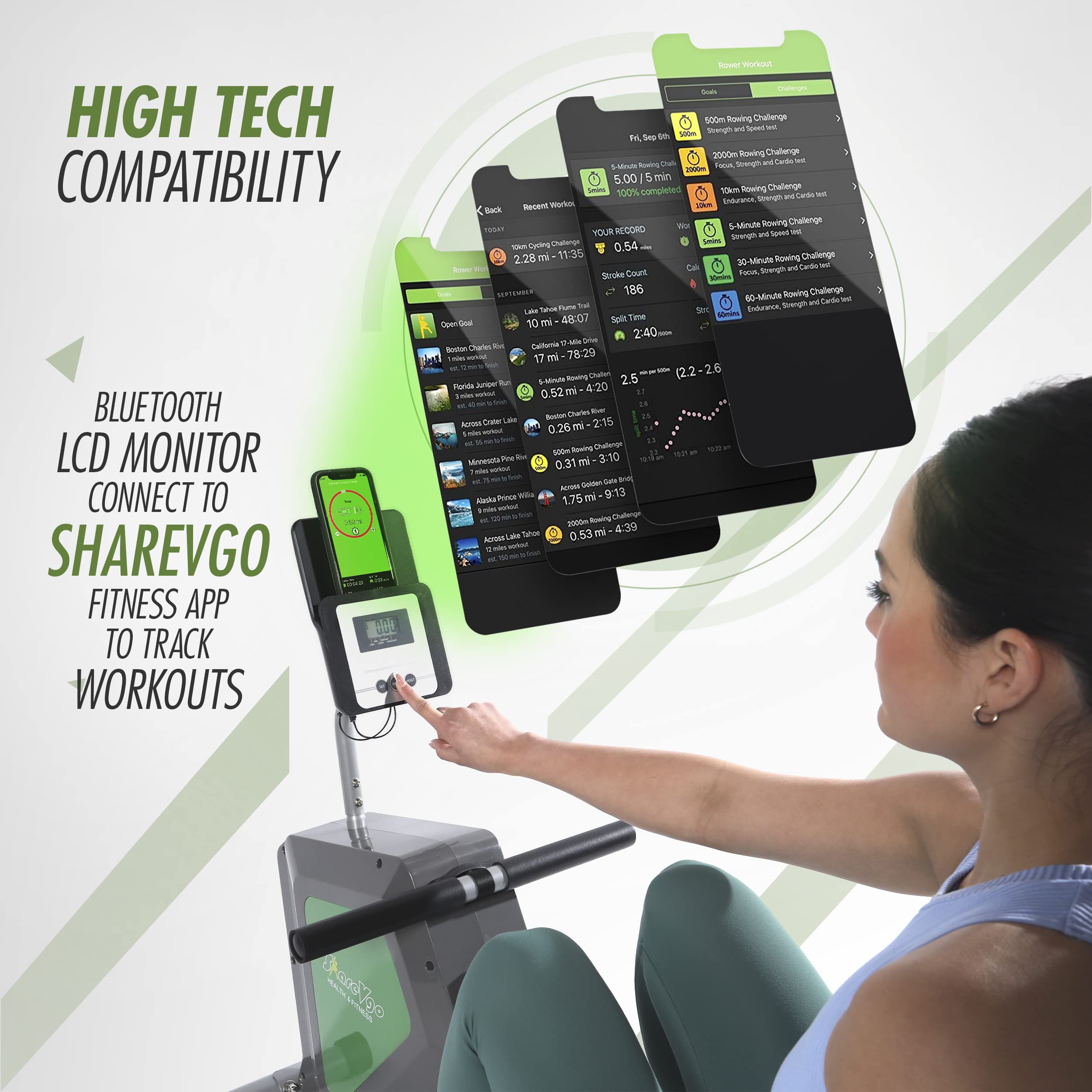 ShareVgo Smart Home Rowing Machine - Bluetooth Connected, Compact Foldable Magnetic Rower with Fitness App, 285lbs Weight Capacity, Perfect for Home Gym, Cardio Workout & Full-Body Training - SRM2000