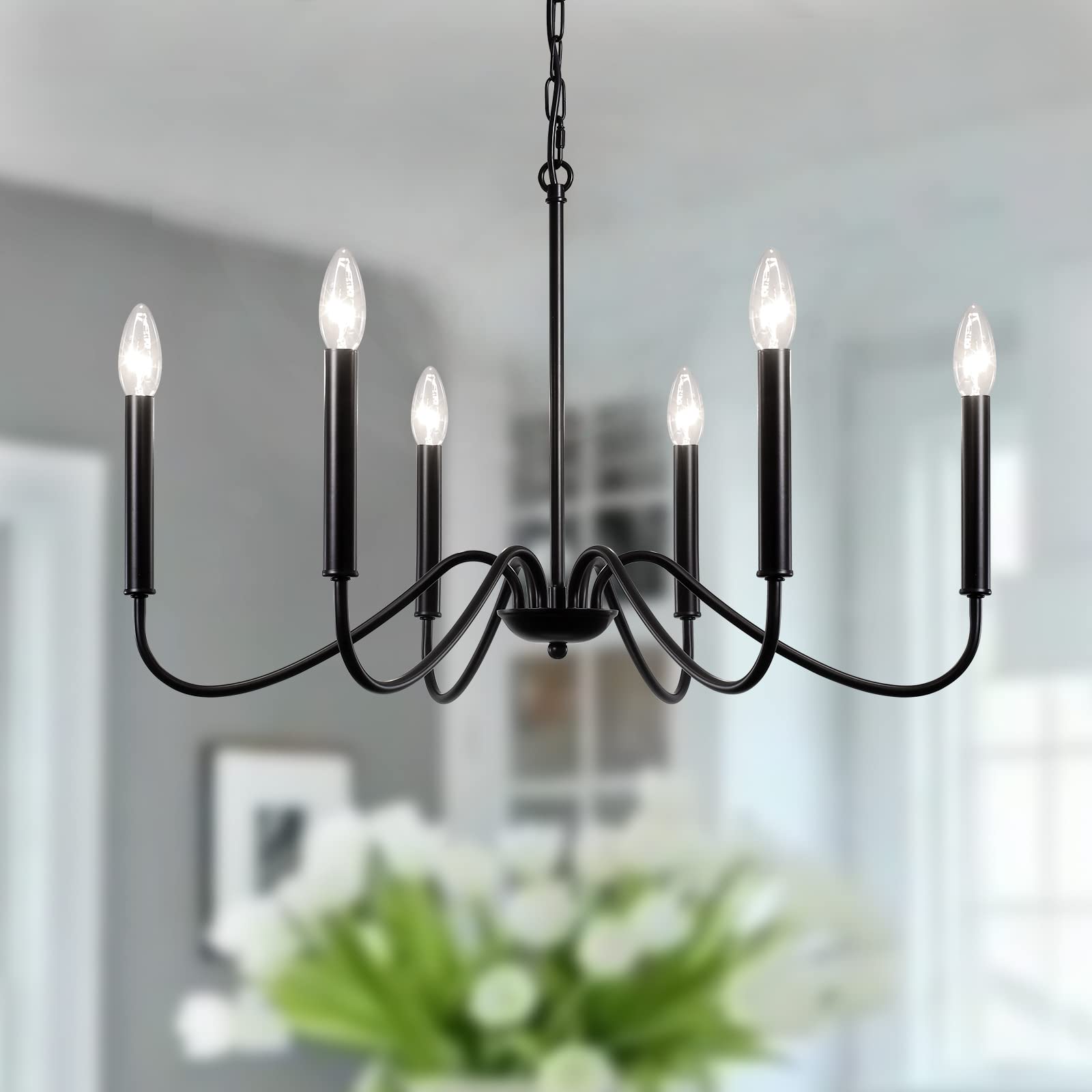 QAREHL 6-Light Black Rustic Industrial Farmhouse Chandelier - Hanging Candlestick Lighting Fixture for Dining Room, Living Room, Foyer, Bedroom, Office & Bar | Perfect for Modern Farmhouse Decor & Kitchen Island Lighting