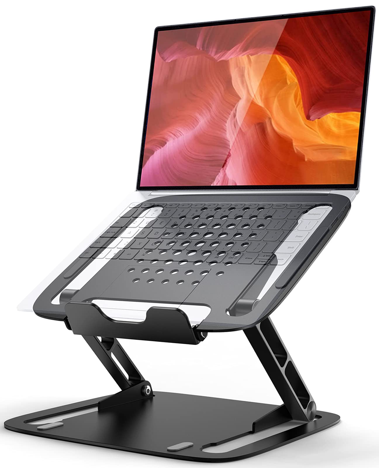 Ergonomic Adjustable Laptop Stand for Desk - Portable Computer Holder with Fast Heat Dissipation, Hollow Design, Height & Angle Adjustment, Compatible with All Laptops (Black) - Perfect for Home Office & Workspace