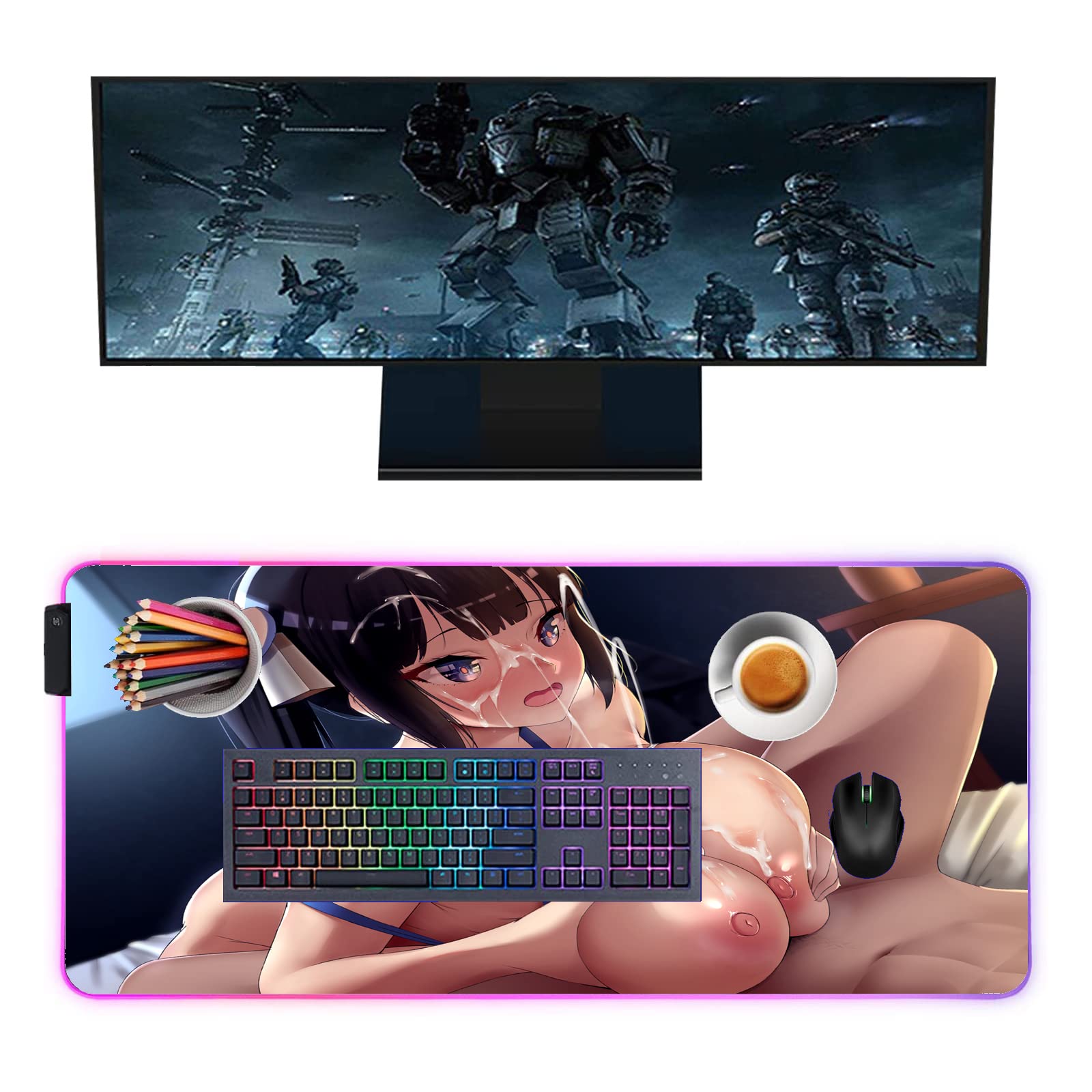 Large RGB Gaming Mouse Pad with Anime Girl Design - Waterproof, Non-Slip 35.43x15.74 Inch Extended Mouse Mat for Computer, Laptop & Desk - Perfect for Gaming Setup, Office Work & Streaming