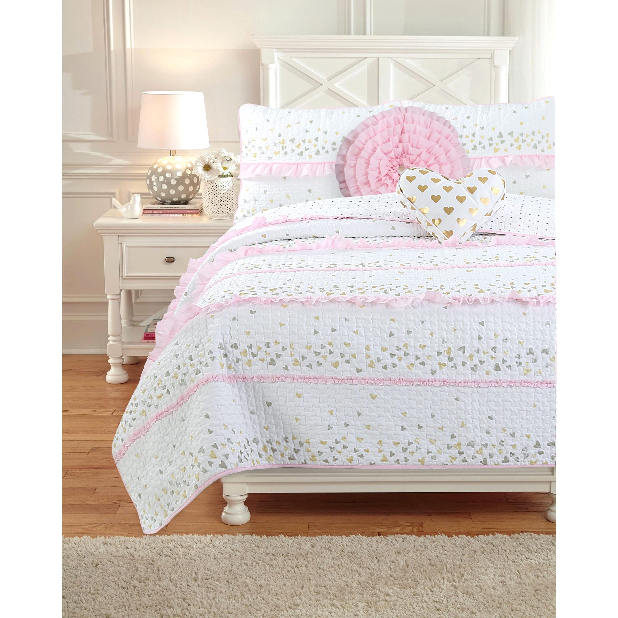 Pink Ruffle Metallic Printed Hearts Reversible Quilt Bedding Set - 3 Piece Queen Size (1 Quilt + 2 Shams) | Cozy Line Home Fashions | Soft Cotton Coverlet & Bedspread | Perfect for Girls' Bedroom, Nursery Decor or Valentine's Day Gift