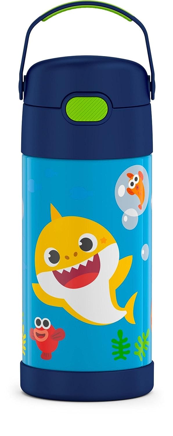 Thermos Funtainer 12oz Kids Stainless Steel Water Bottle with Straw & Lid - Vacuum Insulated, Leakproof, Baby Shark Design - Perfect for School, Travel & Outdoor Activities
